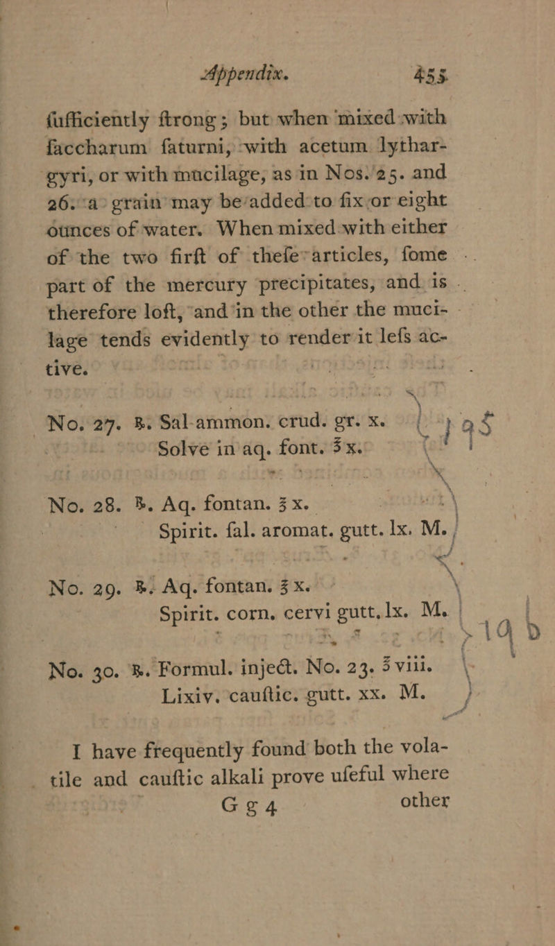 fufficiently ftrong; but when ‘mixed «with faccharum faturni, with acetum lythar- 26. a&gt; grain’ may be/added:to fix,or eight ounces of water. When mixed-with either of the two firft of thefevarticles, fome . part of the mercury precipitates, and is therefore loft, “and’in the other the muci- lage tends evidently to render it lefs ac- tive. Solve in px ia 3X. Spirit. fal. aromat. ee Ix, M. | No. 29. &amp;. Aq. forreanit 5X. Spirit. corm. cervl y pute, an M. oe ae . \ 14 D \. Lixiv. cauftic. gutt. xx. M. } I have frequently found both the vola- Ge4 other