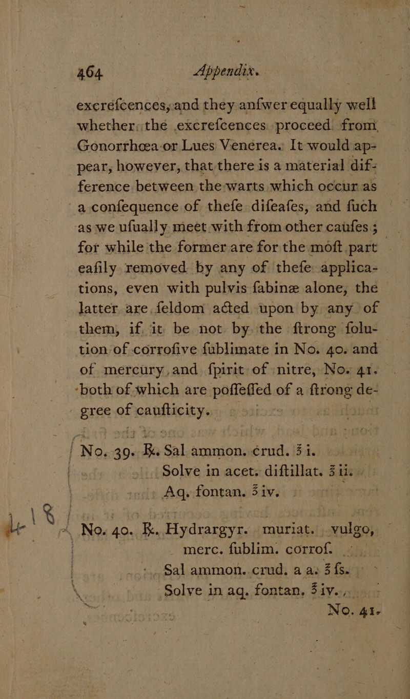 excrefcences,:and they anfwer equally well whether; the .excrefcences proceed from Gonorrheea-or Lues Venerea.: It would ap- pear, however, that there is a material dif. ference between the warts which occur as_ as we ufually meet with from other caufes ; for while the former are for the moft part P eafily removed by any of thefe applica- tions, even with pulvis fabine alone, the latter are feldom acted upon by any of of mercury,and fpirit of nitre, Nos 41. Solve in acet: diftillat. 3 le . Aq. fontan. iv. merc. fublim: corrof. Sal ammon. crud. aa: 3 fs. &gt; Solve i in aq. fontan. 3ive, Na Ale