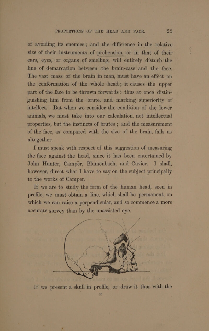 of avoiding its enemies; and the difference in the relative size of their instruments of prehension, or in that of their ears, eyes, or organs of smelling, will entirely disturb the line of demarcation between the brain-case and the face. The vast mass of the brain in man, must have an effect on the conformation of the whole head; it causes the upper part of the face to be thrown forwards: thus at once distin- guishing him from the brute, and marking superiority of intellect. But when we consider the condition of the lower animals, we must take into our calculation, not intellectual properties, but the instincts of brutes ; and the measurement of the face, as compared with the size of the brain, fails us altogether. I must speak with respect of this suggestion of measuring the face against the head, since it has been entertained by John Hunter, Camper, Blumenbach, and Cuvier. I shall, however, direct what I have to say on the subject principally to the works of Camper. If we are to study the form of the human head, seen in profile, we must obtain a line, which shall be permanent, on which we can raise a perpendicular, and so commence a more accurate survey than by the unassisted eye. If we present a skull in profile, or draw it thus with the H