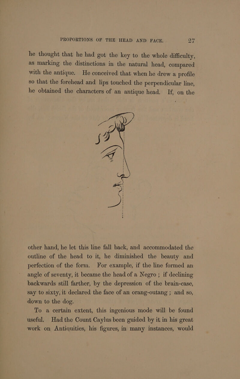 he thought that he had got the key to the whole difficulty, as marking the distinctions in the natural head, compared with the antique. He conceived that. when he drew a profile so that the forehead and lips touched the perpendicular line, he obtained the characters of an antique head. If, on the other hand, he let this line fall back, and accommodated the outline of the head to it, he diminished the beauty and perfection of the form. For example, if the line formed an angle of seventy, it became the head of a Negro ; if declining backwards still farther, by the depression of the brain-case, say to sixty, it declared the face of an orang-outang ; and so, down to the dog. To a certain extent, this Ingenious mode will be found useful. Had the Count Caylus been guided by it in his great work on Antiquities, his figures, in many instances, would