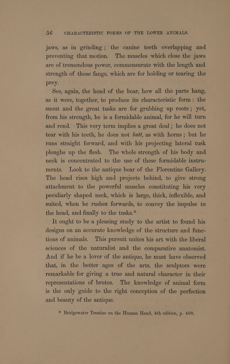 jaws, aS in grinding; the canine teeth overlapping and preventing that motion. The muscles which close the jaws are of tremendous power, commensurate with the length and strength of those fangs, which are for holding or tearing the prey. See, again, the head of the boar, how all the parts hang, as it were, together, to produce its characteristic form: the snout and the great tusks are for grubbing up roots; yet, from his strength, he is a formidable animal, for he will turn and rend. This very term implies a great deal; he does not tear with his teeth, he does not dutt, as with horns ; but he runs straight forward, and with his projecting lateral tusk ploughs up the flesh. The whole strength of his body and neck is concentrated to the use of these formidable instru- ments. Look to the antique boar of the Florentine Gallery. The head rises high and projects behind, to give strong attachment to the powerful muscles constituting his very peculiarly shaped neck, which is large, thick, inflexible, and suited, when he rushes forwards, to convey the impulse to the head, and finally to the tusks.* It ought to be a pleasing study to the artist to found his designs on an accurate knowledge of the structure and func- tions of animals. This pursuit unites his art with the liberal sciences of the naturalist and the comparative anatomist. _And if he be a lover of the antique, he must have observed that, in the better ages of the arts, the sculptors were remarkable for giving a true and natural character in their representations of brutes. The knowledge of animal form is the only guide to the right conception of the perfection and beauty of the antique. * Bridgewater Treatise on the Human Hand, 4th edition, p. 400.