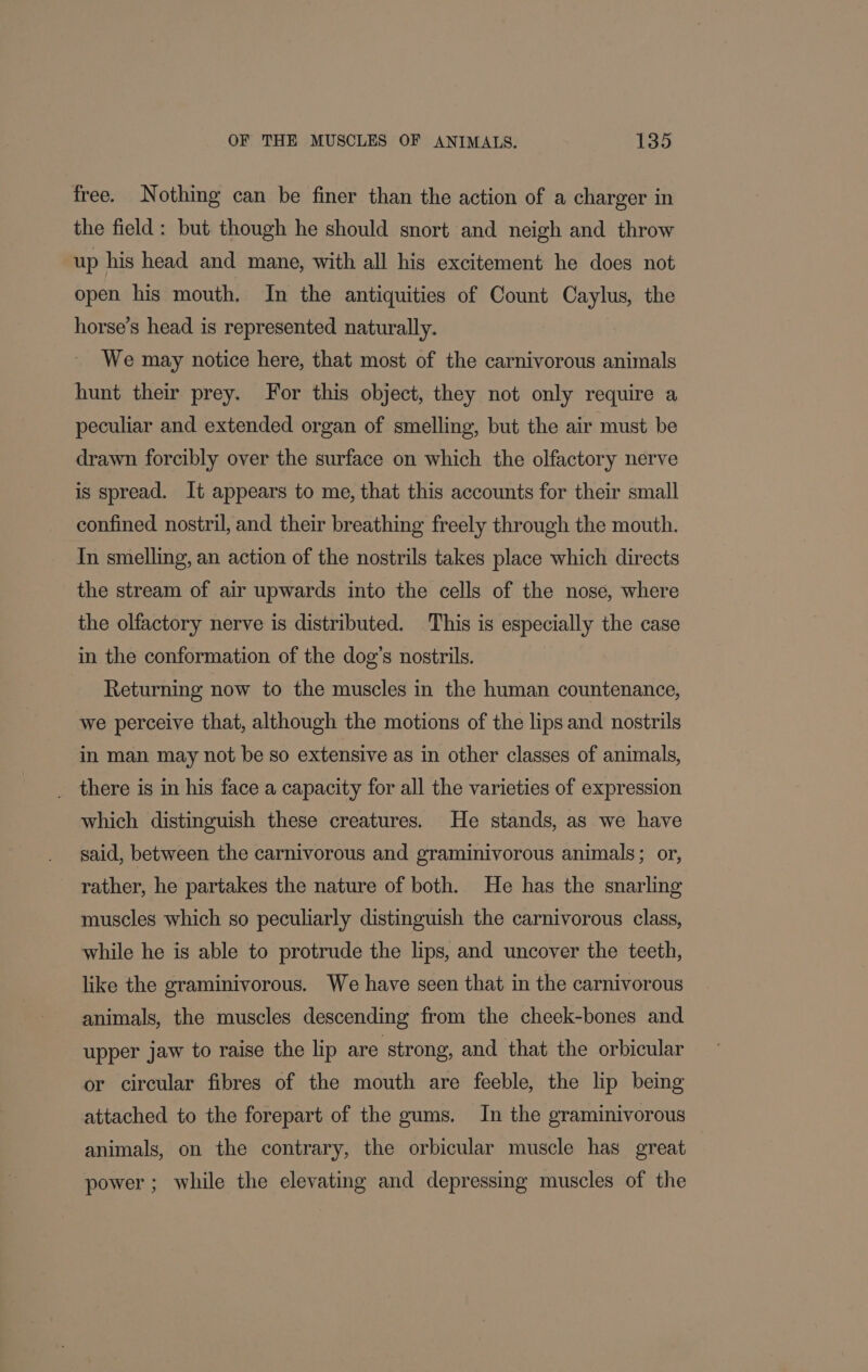 free. Nothing can be finer than the action of a charger in the field: but though he should snort and neigh and throw up his head and mane, with all his excitement he does not open his mouth, In the antiquities of Count Caylus, the horse’s head is represented naturally. We may notice here, that most of the carnivorous animals hunt their prey. For this object, they not only require a peculiar and extended organ of smelling, but the air must be drawn forcibly over the surface on which the olfactory nerve is spread. It appears to me, that this accounts for their small confined nostril, and their breathing freely through the mouth. In smelling, an action of the nostrils takes place which directs the stream of air upwards into the cells of the nose, where the olfactory nerve is distributed. This is especially the case in the conformation of the dog’s nostrils. Returning now to the muscles in the human countenance, we perceive that, although the motions of the lips and nostrils in man may not be so extensive as in other classes of animals, there is in his face a capacity for all the varieties of expression which distinguish these creatures. He stands, as we have said, between the carnivorous and graminivorous animals; or, rather, he partakes the nature of both. He has the snarling muscles which so peculiarly distinguish the carnivorous class, while he is able to protrude the lips, and uncover the teeth, like the graminivorous. We have seen that in the carnivorous animals, the muscles descending from the cheek-bones and upper jaw to raise the lip are strong, and that the orbicular or circular fibres of the mouth are feeble, the lip being attached to the forepart of the gums. In the graminivorous animals, on the contrary, the orbicular muscle has great power; while the elevating and depressing muscles of the