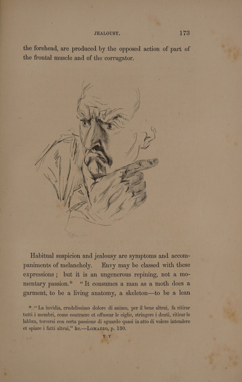 JEALOUSY. es the forehead, are produced by the opposed action of part of the frontal muscle and of the corrugator. Habitual suspicion and jealousy are symptoms and accom- paniments of melancholy. Envy may be classed with these expressions ; but it is an ungenerous repining, not a mo- S*. “Ww mentary passion.* “It consumes a man as a moth does a garment, to be a living anatomy, a skeleton—to be a lean * “Ta invidia, crudelissimo dolore di animo, per il bene altrui, fa ritirar tutti 1 membri, come contraere et offuscar le ciglie, stringere 1 denti, ritirar le labbra, torcersi con certa passione di sguardo quasi in atto di volere intendere et spiare i fatti altrui,” &amp;c.—Lomazzo, p. 130. wpe XY a