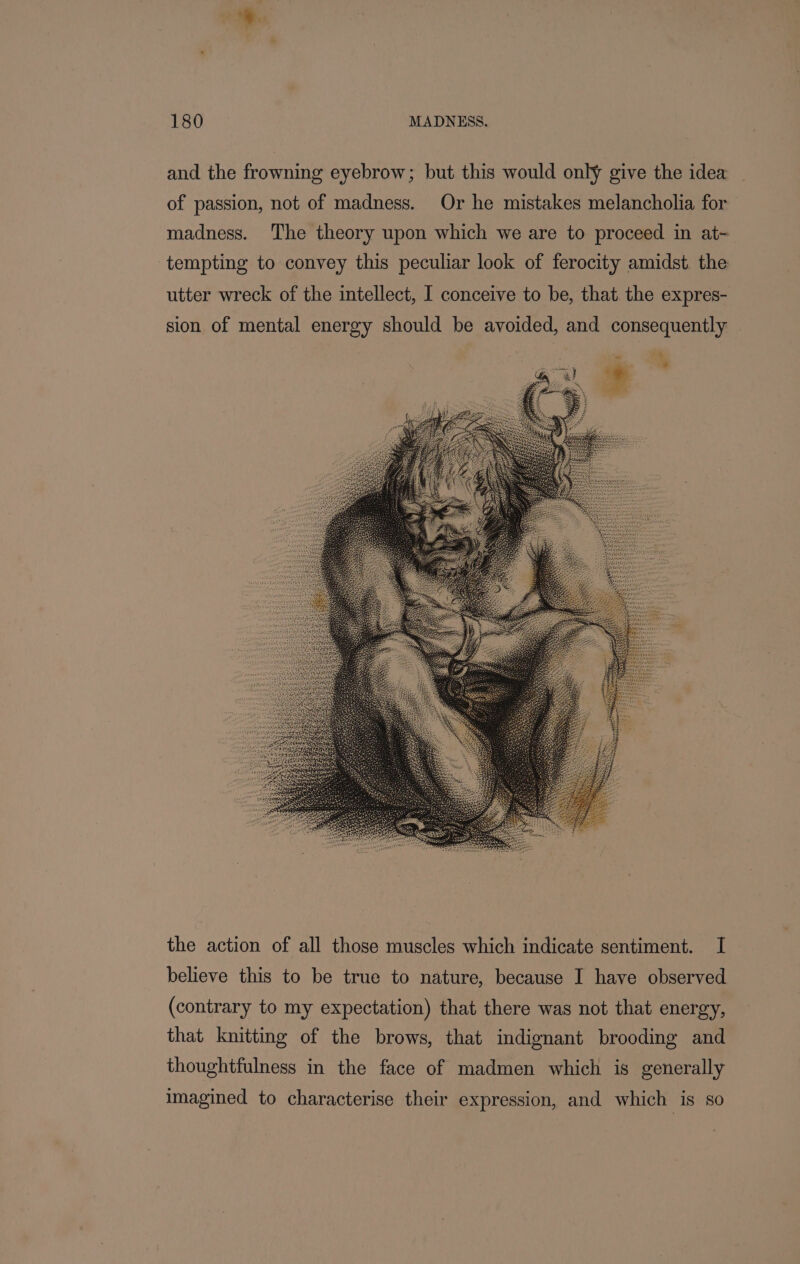 and the frowning eyebrow; but this would only give the idea of passion, not of madness. Or he mistakes melancholia for madness. The theory upon which we are to proceed in at- tempting to convey this peculiar look of ferocity amidst. the utter wreck of the intellect, I conceive to be, that the expres- sion of mental energy should be avoided, and consequently the action of all those muscles which indicate sentiment. I believe this to be true to nature, because I have observed (contrary to my expectation) that there was not that energy, that knitting of the brows, that indignant brooding and thoughtfulness in the face of madmen which is generally imagined to characterise their expression, and which is so