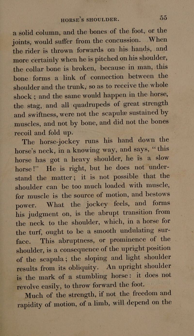 a solid column, and the bones of the foot, or the joints, would suffer from the concussion. When the rider is thrown forwards on his: hands, and more certainly when he is pitched on his shoulder, the collar bone is broken, because in man, this bone forms a link of connection between the shoulder and the trunk, so as to receive the whole shock ; and the same would happen in the horse, the stag, and all quadrupeds of great strength and swiftness, were not the scapule sustained by muscles, and not by bone, and did not the bones recoil and fold up. The horse-jockey runs his hand down the horse’s neck, in a knowing way, and says, “ this horse has got a heavy shoulder, he is a slow horse!” He is right, but he does not under- stand the matter; it is not possible that the shoulder can be too much loaded with muscle, for muscle is the source of motion, and bestows power. What the jockey feels, and forms his judgment on, is the abrupt transition from the neck to the shoulder, which, in a horse for the turf, ought to be a smooth undulating sur- face. This abruptness, or prominence of the shoulder, is a consequence of the upright position of the scapula; the sloping and light shoulder results from its obliquity. An upright shoulder is the mark of a stumbling horse: it does not revolve easily, to throw forward the foot. Much of the strength, if not the freedom and rapidity of motion, of a limb, will depend on the