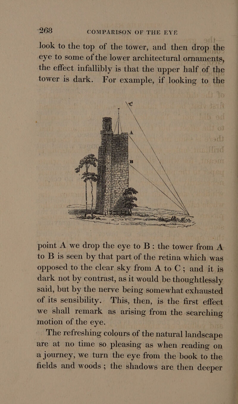 look to the top of the tower, and then drop the eye to some of the lower architectural ornaments, the effect infallibly is that the upper half of the tower is dark. For example, if looking to the poimt A we drop the eye to B: the tower from A to B is seen by that part of the retina which was opposed to the clear sky from A to C; and it is dark not by contrast, as it would be thoughtlessly said, but by the nerve being somewhat exhausted of its sensibility. This, then, is the first effect we shall remark as arising from the searehing motion of the eye. The refreshing colours of the natural landscape are at no time so pleasing as when reading on a journey, we turn the eye from the book to the fields and woods ; the shadows are then deeper