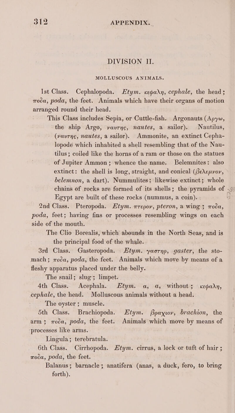 DIVISION II. MOLLUSCOUS ANIMALS. Ist Class. Cephalopoda. Etym. xedadn, cephale, the head ; moda, poda, the feet. Animals which have their organs of motion arranged round their head. This Class includes Sepia, or Cuttle-fish. Argonauts (Apyw, the ship Argo, vavrnc, nautes, a sailor). Nautilus, (vaurne, nautes, a sailor). Ammonite, an extinct Cepha- lopodé which inhabited a shell resembling that of the Nau- tilus; coiled like the horns of a ram or those on the statues of Jupiter Ammon; whence the name. Belemnites: also extinct: the shell is long, straight, and conical (Gedepvor, belemnon, a dart). Nummulites: likewise extinct; whole chains of rocks are formed of its shells; the pyramids of ~9 Egypt are built of these rocks (nummus, a coin). ” 2nd Class. Pteropoda. Etym. rrepov, pteron, a wing ; moda, poda, feet; having fins or processes resembling wings on each side of the mouth. The Clio Borealis, which abounds in the North Seas, and is the principal food of the whale. 3rd Class. Gasteropoda. Etym. yaorno, gaster, the sto- mach; zoda, poda, the feet. Animals which move by means of a fleshy apparatus placed under the belly. The snail; slug; limpet. Ath Class. Acephala. Etym. a, a, without; Kedadn, cephale, the head. Molluscous animals without a head. The oyster ; muscle. 5th Class. Brachiopoda. Etym. PBpayov, brachion, the arm; oda, poda, the feet. Animals which move by means of ‘processes like arms. Lingula; terebratula. 6th Class. Cirrhopoda. tym. cirrus, a lock or tuft of hair ; aooa, poda, the feet. Balanus; barnacle; anatifera (anas, a duck, fero, to bring forth).