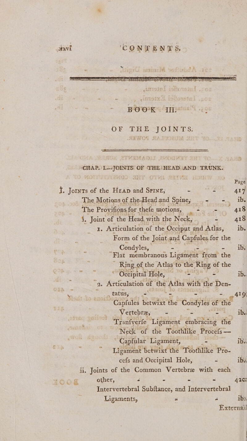 shai ‘CONTENTS, OF THE JOINTS: CHAP, LJOINTS OF THE) HEAD AND TRUNK. Page i. Jornts of the Heap and SrIvE, ~ ae 414 The Motions of the-EHead and Spine, - =. . 1bi The Provifions for thefe motions, = Say 418 i. Joint of the Head, with the Neck, “ 418 Ie Articulation of the Occiput and Atlas, ib. Form of the Joint, and Capfules for the Condyles, - = ~ ib. Flat membranous Ligament from the Ring o of the Atlas’ to ‘the Ring « of the. 4 ‘Occipital Hole, ep oe ~ ib. : “2. Articulation of the Atlas with the’ Den- wi ae , tatus, } a agtets = 2 419; ~ Capfules betwixt the Condyles he the | Vertebra, Sa z — oh ib. Tranfyerfe Ligament embracing the Netk of the Toothlike . Procefs — bet * Capfular Ligament, - ibs. Ligament betwixt the Toothlike Pro- cefs and Occipital Hole, ~ iby, i. Joints of the Common Vertebre with Bess Oi other, &lt; - - - 4200 Intervertebral Subftance, and Intervertebral Ligaments, vs - ib. External