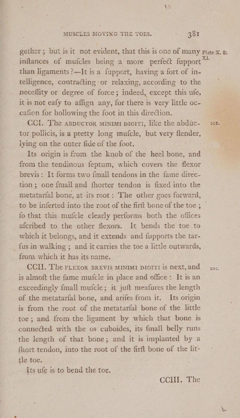than ligaments ?—It is a fupport, having a fort of in- neceflity or degree of force; indeed, except this ufe, cation for hollowing the foot in this direction. CCI. The aspucror mInimt picivi, like the abduc- tor pollicis, is a pretty long mufcle, but very flender, lying on the outer fide of the foot. ae Its origin is from the knob of the heel bone, and from the tendinous feptum, which covers the flexor brevis: It forms two fmall tendons in the fame direc- tion; one fmall and fhorter tendon is fixed into the metatarfal bone, at-its root: The other goes forward, to be inferted into the root of the firft bone of the toe ; fo that this. mufcle clearly performs. both the bites afcribed to the other flexors. It bends the toe to which it belongs, and it extends and fupports the tar- {us in walking ; and it carries the toe a little outwards, from which it has its name. CCIl. The rLexor BREVIS MINIMI DIGITI is next, and is almoft the fame mufcle in place and office: It is an exceedingly fmall mufcle; it juft meafures the length of the metatarfal bone, ad arifes from it. Its origm is from the root of the metatarfal bone of the little conneGted. with the os cuboides, its finall belly runs the length of that bone; and it is implanted by a fhort tendon, into the root of the firft bone of the lit- tle toe. Its ufe is to bend the toe. GCA Tie 202.