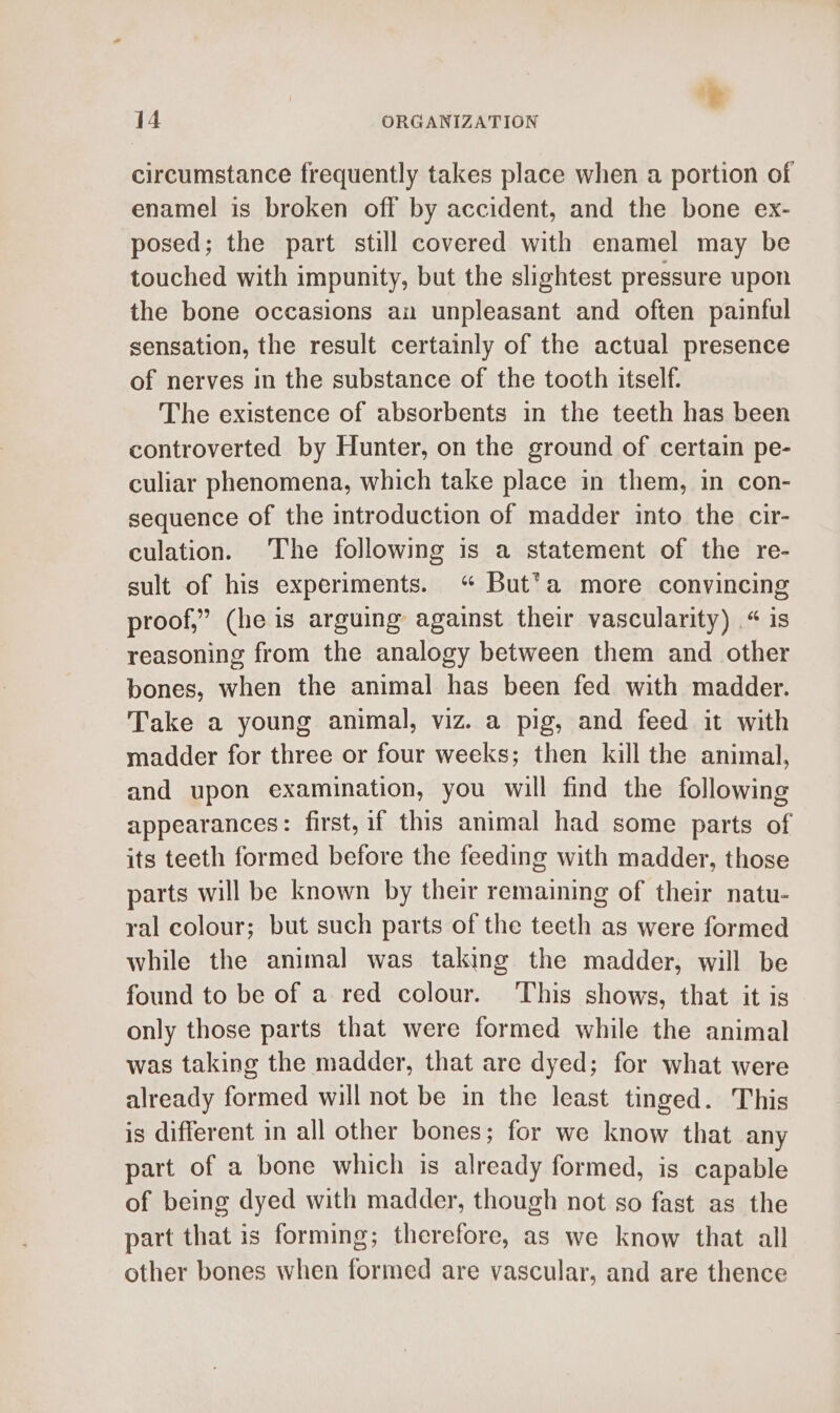 | ‘~ 14 ORGANIZATION circumstance frequently takes place when a portion of enamel is broken off by accident, and the bone ex- posed; the part still covered with enamel may be touched with impunity, but the slightest pressure upon the bone occasions an unpleasant and often painful sensation, the result certainly of the actual presence of nerves in the substance of the tooth itself. The existence of absorbents in the teeth has been controverted by Hunter, on the ground of certain pe- culiar phenomena, which take place in them, in con- sequence of the introduction of madder into the cir- culation. The following is a statement of the re- sult of his experiments. “ But*a more convincing proof,” (he is arguing against their vascularity) “ is reasoning from the analogy between them and other bones, when the animal has been fed with madder. Take a young animal, viz. a pig, and feed it with madder for three or four weeks; then kill the animal, and upon examination, you will find the following appearances: first, if this animal had some parts of its teeth formed before the feeding with madder, those parts will be known by their remaining of their natu- ral colour; but such parts of the teeth as were formed while the animal was taking the madder, will be found to be of a red colour. This shows, that it is only those parts that were formed while the animal was taking the madder, that are dyed; for what were already formed will not be in the least tinged. This is different in all other bones; for we know that any part of a bone which is already formed, is capable of being dyed with madder, though not so fast as the part that is forming; therefore, as we know that all other bones when formed are vascular, and are thence