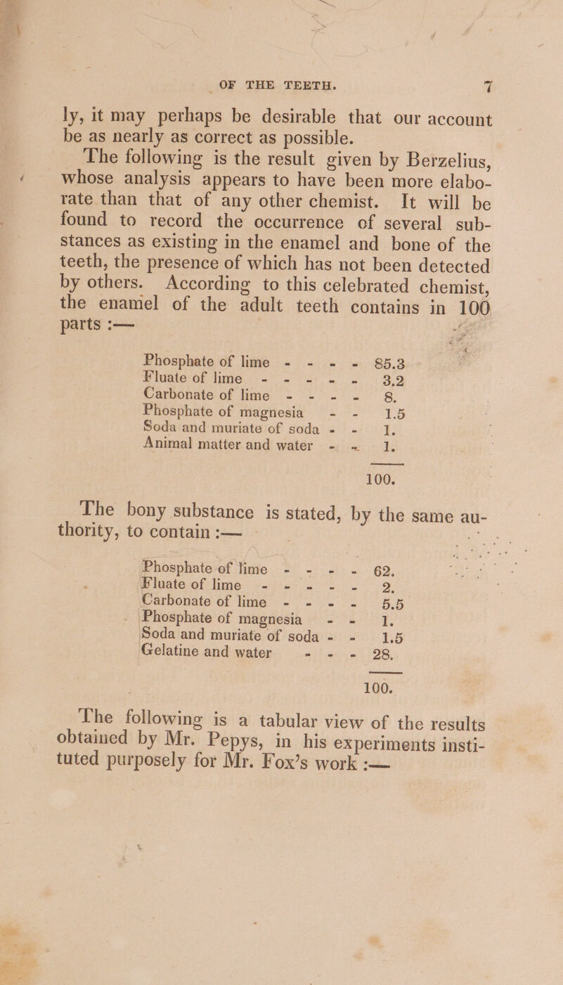 ly, it may perhaps be desirable that our account be as nearly as correct as possible. The following is the result given by Berzelius, whose analysis appears to have been more elabo- rate than that of any other chemist. It will be found to record the occurrence of several sub- Stances as existing in the enamel and bone of the teeth, the presence of which has not been detected by others. According to this celebrated chemist, the enamel of the adult teeth contains in 100 parts :— ote @ Phosphate of lime - - - = 85.3 Hluate-of lime --— . &lt; ~ - 39 Carbonate of lime - - --. 68, Phosphate of magnesia - - 1.5 Soda and muriate of soda - - 1, Animal matter and water - ~ 1, 100. The bony substance is stated, by the same au- thority, to contain :— | po. Phosphate of lime - - - - 62, Wiuate of lime: &lt;&lt;: . 2. 9. Pardousie of ime -- =.=. . 6.5 Phosphate of magnesia - - 1, Soda and muriate of soda - - 1.5 Gelatine and water - = - 28, 100. The following is a tabular view of the results obtained by Mr. Pepys, in his experiments insti- tuted purposely for Mr. Fox’s work :-—