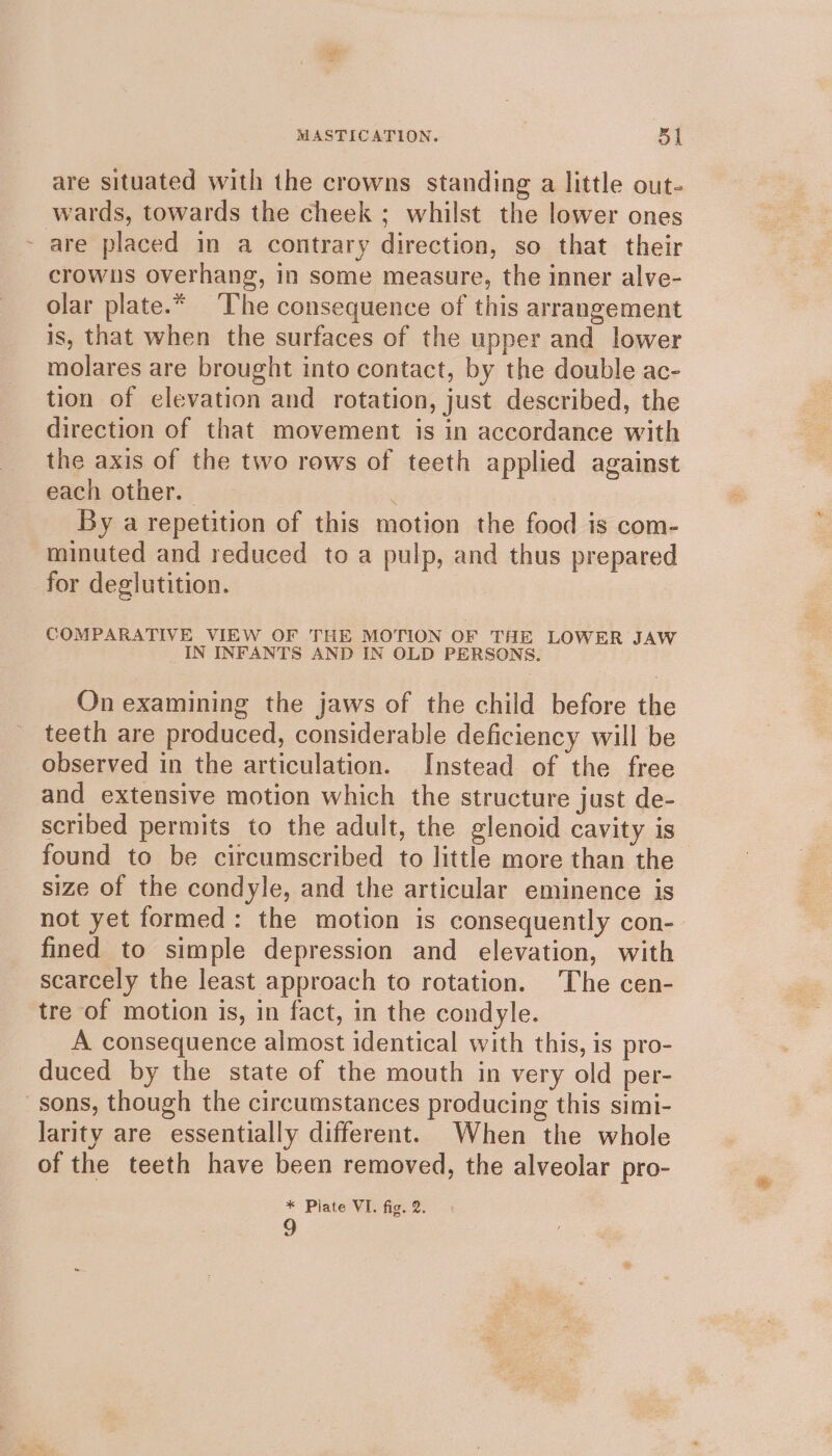 are situated with the crowns standing a little out- wards, towards the cheek ; whilst the lower ones ~ are placed in a contrary direction, so that their crowns overhang, in some measure, the inner alve- olar plate.* ‘The consequence of this arrangement is, that when the surfaces of the upper and lower molares are brought into contact, by the double ac- tion of elevation and rotation, just described, the direction of that movement is in accordance with the axis of the two rews of teeth applied against each other. | . By a repetition of this motion the food is com- minuted and reduced to a pulp, and thus prepared for deglutition. | COMPARATIVE VIEW OF THE MOTION OF THE LOWER JAW _IN INFANTS AND IN OLD PERSONS. On examining the jaws of the child before the teeth are produced, considerable deficiency will be observed in the articulation. Instead of the free and extensive motion which the structure just de- scribed permits to the adult, the glenoid cavity is found to be circumscribed to little more than the size of the condyle, and the articular eminence is not yet formed: the motion is consequently con- fined to simple depression and elevation, with scarcely the least approach to rotation. The cen- tre of motion is, in fact, in the condyle. A consequence almost identical with this, is pro- duced by the state of the mouth in very old per- sons, though the circumstances producing this simi- larity are essentially different. When the whole of the teeth have been removed, the alveolar pro- * Plate VI. fig. 2. 9