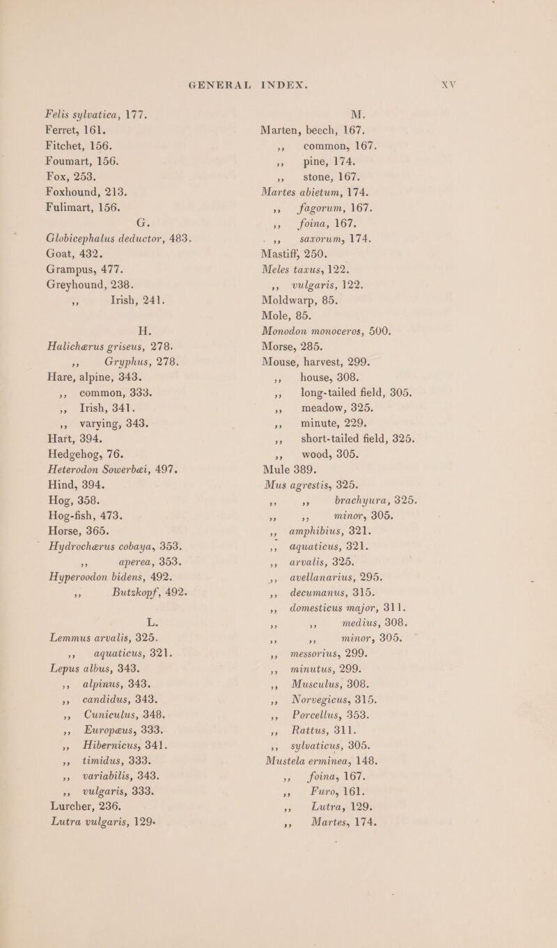 Felis sylvatica, 177. Ferret, 161. Fitchet, 156. Foumart, 156. Fox, 253. Foxhound, 213. Fulimart, 156. G Goat, 432. Grampus, 477. Greyhound, 238. Si Trish, 241. ED. Halicherus griseus, 278. * Gryphus, 278. Hare, alpine, 343. », common, 333. F... brish,o405 », vwarying, 343. Hart, 394. Hedgehog, 76. Heterodon Sowerbei, 497. Hind, 394. Hog, 358. Hog-fish, 473. Horse, 365. _ Hydrocherus cobaya, 353. &gt; aperea, 353. Hyperoodon bidens, 492. as Butzkopf, 492. L. Lemmus arvalis, 325. »» agquaticus, 321. Lepus albus, 343. », alpinus, 343. » candidus, 343. », Cuniculus, 348. », LEuropeus, 333. », Hibernicus, 341. », timidus, 333. », variabilis, 343. », vulgaris, 333. Lurcher, 236, Lutra vulgaris, 129. M. Marten, beech, 167. »» . common, 167. »» pine, 174. Pe stone, 167. Martes abietum, 174. » jegorum, 167. xp pomna; 167. - 9, saxorum, 174. Mastiff, 250. Meles taxus, 122. », vulgaris, 122. Moldwarp, 85. Mole, 85. Monodon monoceros, 500. Morse, 285. Mouse, harvest, 299. », house, 308. » long-tailed field, 305. » meadow, 325. »» minute, 229. », Sshort-tailed field, 325. », wood, 305. Mule 389. Mus agrestis, 325. A PA brachyura, 325. ee Fe minor, 305. », amphibius, 321. vA aquaticus, 321. », arvalis, 325. », avellanarius, 295. », decumanus, 315. », domesticus major, 311. “s - medius, 308. ee a minor, 305. », messorius, 299. » minutus, 299. », Musculus, 308. » Norvegicus, 315. », Porcellus, 353. yx, dvattus, Jit. », sylvaticus, 305. Mustela erminea, 148. »» foina, 167. » Huros ler: a Lutra, 129. »» Martes, 174.