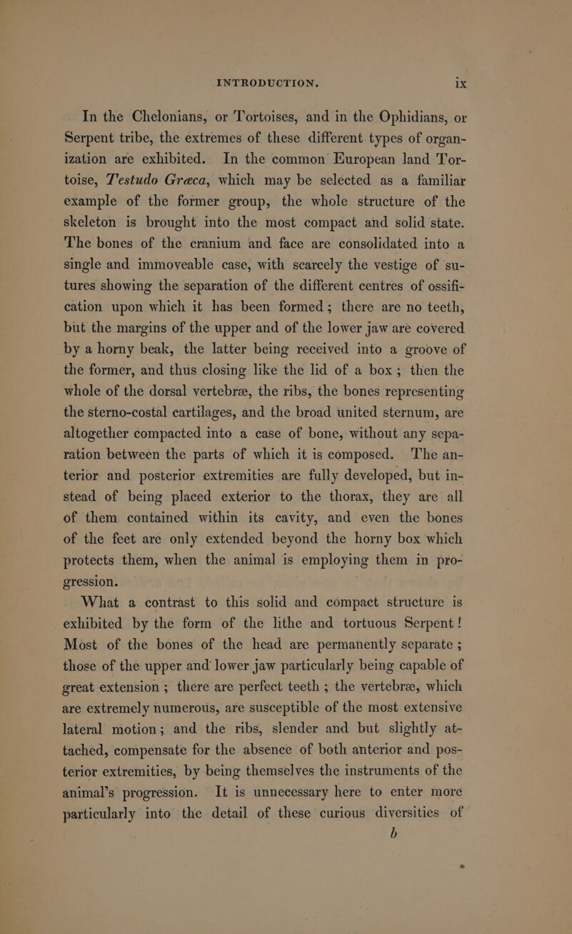 In the Chelonians, or Tortoises, and in the Ophidians, or Serpent tribe, the extremes of these different types of organ- ization are exhibited. In the common European land Tor- toise, Zestudo Greca, which may be selected as a familiar example of the former group, the whole structure of the skeleton is brought into the most compact and solid state. The bones of the cranium and face are consolidated into a single and immoyeable case, with scarcely the vestige of su- tures showing the separation of the different centres of ossifi- cation upon which it has been formed; there are no teeth, but the margins of the upper and of the lower jaw are covered by a horny beak, the latter being received into a groove of the former, and thus closing like the lid of a box; then the whole of the dorsal vertebree, the ribs, the bones representing the sterno-costal cartilages, and the broad wnited sternum, are altogether compacted into a case of bone, without any sepa- ration between the parts of which it is composed. ‘The an- terior and posterior extremities are fully developed, but in- stead of being placed exterior to the thorax, they are all of them contained within its cavity, and even the bones of the feet are only extended beyond the horny box which protects them, when the animal is employing them in pro- gression. What a contrast to this solid and compact structure is exhibited by the form of the lithe and tortuous Serpent ! Most of the bones of the head are permanently separate ; those of the upper and’ lower jaw particularly being capable of great extension ; there are perfect teeth ; the vertebra, which are extremely numerous, are susceptible of the most extensive lateral motion; and the ribs, slender and but slightly at- tached, compensate for the absence of both anterior and pos- terior extremities, by being themselves the instruments of the animal’s progression. It is unnecessary here to enter more particularly into the detail of these curious diversities of b