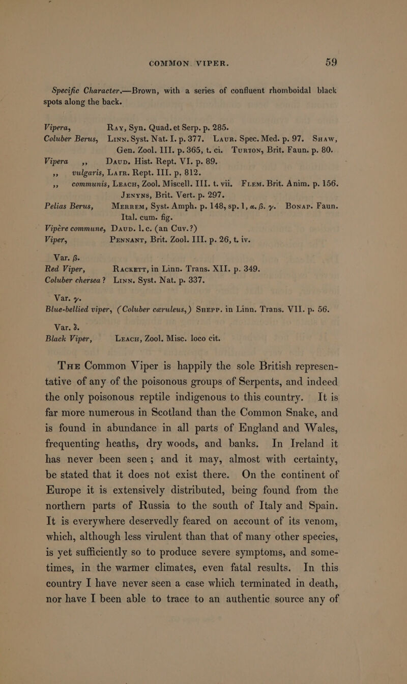 Specific Character.—Brown, with a series of confluent rhomboidal black spots along the back. Vipera, Ray, Syn. Quad. et Serp. p. 285. Coluber Berus, Linn. Syst. Nat. I. p.377, Laur. Spec. Med. p. 97. Suaw, Gen. Zool. III. p. 365, t. ci. Turton, Brit. Faun. p. 80. Vipera, Davo. Hist. Rept. VI. p. 89. », vulgaris, Larr. Rept. III. p, 812. », communis, Leacu, Zool. Miscell. III. t. vii. Frem. Brit. Anim. p. 156. Jenyns, Brit. Vert. p. 297. Pelias Berus, Merrem, Syst. Amph. p. 148, sp.1,a.8. y. Bonar. Faun. Ital. cum. fig. Vipére commune, Daun. l.c. (an Cuv.?) Viper, Pennant, Brit. Zool. III. p. 26, t. iv. Var. B. Red Viper, Racxertt, in Linn. Trans. XII. p. 349. Coluber chersea? Lyn. Syst. Nat. p. 337. Var. y. Blue-bellied viper, (Coluber ceruleus,) Suzpe. in Linn. Trans. VII. p. 56. Var. 3. Black Viper, Leacu, Zool. Misc. loco cit. Tue Common Viper is happily the sole British represen- tative of any of the poisonous groups of Serpents, and indeed the only poisonous reptile indigenous to this country. It is far more numerous in Scotland than the Common Snake, and is found in abundance in all parts of England and Wales, frequenting heaths, dry woods, and banks. In Ireland it has never been seen; and it may, almost with certainty, be stated that it does not exist there. On the continent of Kurope it is extensively distributed, being found from the northern parts of Russia to the south of Italy and Spain. It is everywhere deservedly feared on account of its venom, which, although less virulent than that of many other species, is yet sufficiently so to produce severe symptoms, and some- times, in the warmer climates, even fatal results. In this country I have never seen a case which terminated in death, nor have I been able to trace to an authentic source any of