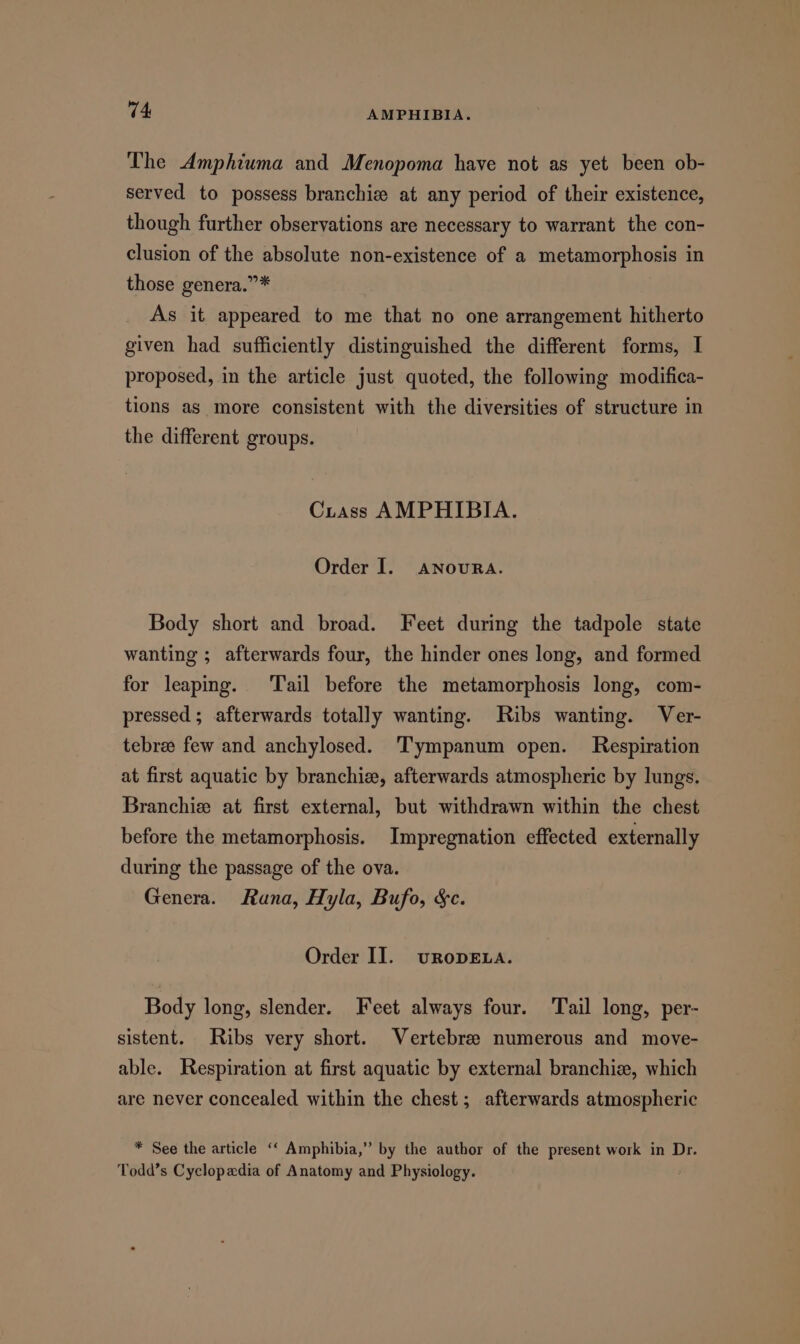 The Amphiuma and Menopoma have not as yet been ob- served to possess branchie at any period of their existence, though further observations are necessary to warrant the con- clusion of the absolute non-existence of a metamorphosis in those genera.”* As it appeared to me that no one arrangement hitherto given had sufficiently distinguished the different forms, I proposed, in the article just quoted, the following modifica- tions as more consistent with the diversities of structure in the different groups. Crass AMPHIBIA. Order I. ANOURA. Body short and broad. Feet during the tadpole state wanting ; afterwards four, the hinder ones long, and formed for leaping. Tail before the metamorphosis long, com- pressed ; afterwards totally wanting. Ribs wanting. Ver- tebree few and anchylosed. 'Tympanum open. Respiration at first aquatic by branchiee, afterwards atmospheric by lungs. Branchie at first external, but withdrawn within the chest before the metamorphosis. Impregnation effected externally during the passage of the ova. Genera. Rana, Hyla, Bufo, &amp;c. Order II. vRope.a. Body long, slender. Feet always four. Tail long, per- sistent. Ribs very short. Vertebree numerous and move- able. Respiration at first aquatic by external branchie, which are never concealed within the chest; afterwards atmospheric * See the article ‘‘ Amphibia,” by the author of the present work in Dr. Todd’s Cyclopadia of Anatomy and Physiology.