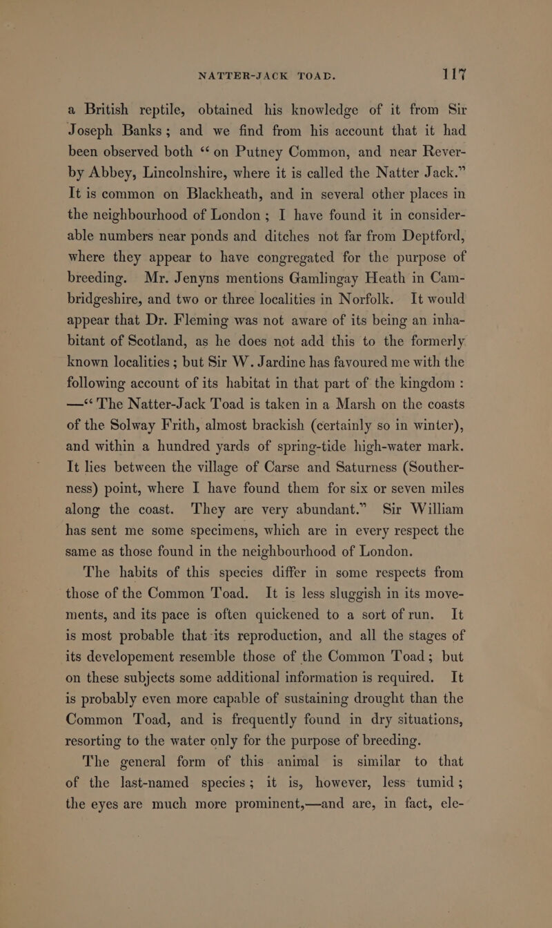 a British reptile, obtained his knowledge of it from Sir Joseph Banks; and we find from his account that it had been observed both ‘‘ on Putney Common, and near Rever- by Abbey, Lincolnshire, where it is called the Natter Jack.” It is common on Blackheath, and in several other places in the neighbourhood of London ; I have found it in consider- able numbers near ponds and ditches not far from Deptford, where they appear to have congregated for the purpose of breeding. Mr. Jenyns mentions Gamlingay Heath in Cam- bridgeshire, and two or three localities in Norfolk. It would appear that Dr. Fleming was not aware of its being an inha- bitant of Scotland, as he does not add this to the formerly known localities ; but Sir W. Jardine has favoured me with the following account of its habitat in that part of the kingdom : —‘*‘ The Natter-Jack Toad is taken in a Marsh on the coasts of the Solway Frith, almost brackish (certainly so in winter), and within a hundred yards of spring-tide high-water mark. It lies between the village of Carse and Saturness (Souther- ness) point, where I have found them for six or seven miles along the coast. ‘They are very abundant.” Sir William has sent me some specimens, which are in every respect the same as those found in the neighbourhood of London. The habits of this species differ in some respects from those of the Common Toad. It is less sluggish in its move- ments, and its pace is often quickened to a sort of run. It is most probable that its reproduction, and all the stages of its developement resemble those of the Common Toad; but on these subjects some additional information is required. It is probably even more capable of sustaining drought than the Common Toad, and is frequently found in dry situations, resorting to the water only for the purpose of breeding. The general form of this animal is similar to that of the last-named species; it is, however, less tumid ; the eyes are much more prominent,—and are, in fact, ele-