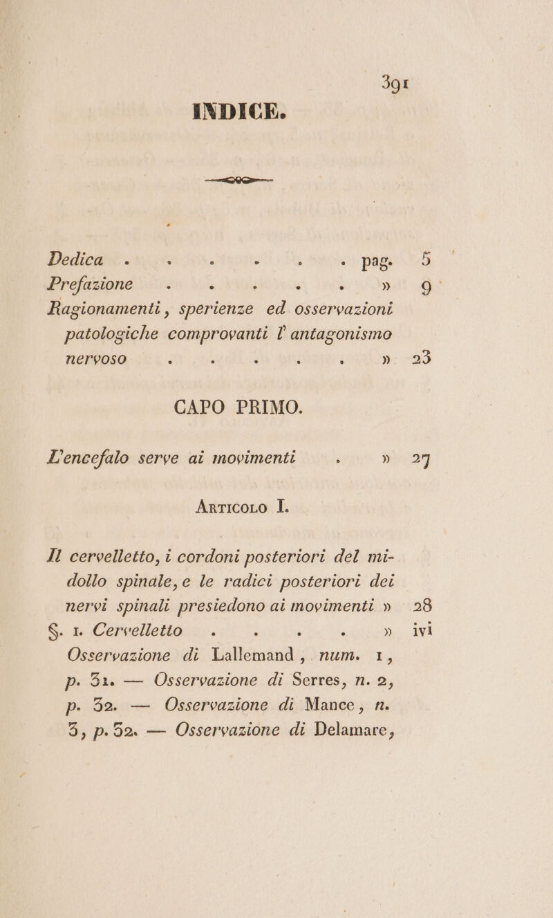 INDICE. Dedica ° ° a = ì i pag. Prefazione . } ; i ì » Ragionamenti, sperienze ed osservazioni patologiche comprovanti l’ antagonismo nervoso i 4 i ì e, CAPO PRIMO. L’encefalo serve ai movimenti .. » ArtIcoLo I. Il cervelletto, i cordoni posteriori del mi- dollo spinale, e le radici posteriori dei nervi spinali presiedono ai movimenti » Osservazione di Lallemand, num. 1, p. 31. — Osservazione di Serres, n. 2, p. 352. — Osservazione di Mance, n. 3, p.52. — Osservazione di Delamare, 5 23 ni, 28