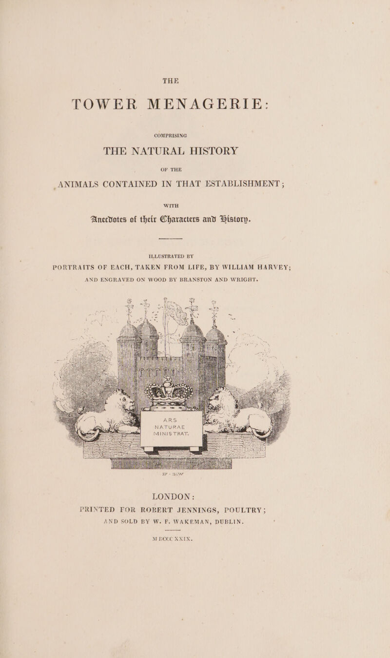 TOWER MENAGERIE: COMPRISING THE NATURAL HISTORY OF THE _ANIMALS CONTAINED IN THAT ESTABLISHMENT ; WITH Anecdotes of their Characters and History. ILLUSTRATED BY PORTRAITS OF EACH, TAKEN FROM LIFE, BY WILLIAM HARVEY; AND ENGRAVED ON WOOD BY BRANSTON AND WRIGHT. BY + BAW LONDON: PRINTED FOR ROBERT JENNINGS, POULTRY ; AND SOLD BY W. F. WAKEMAN, DUBLIN.