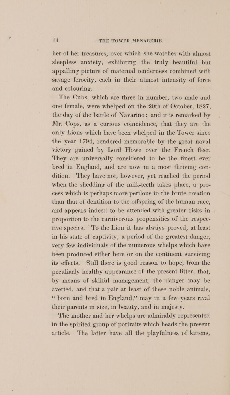 her of her treasures, over which she watches with almost sleepless anxiety, exhibiting the truly beautiful but appalling picture of maternal tenderness combined with savage ferocity, each in their utmost intensity of force and colouring. The Cubs, which are three in number, two male and one female, were whelped on the 20th of October, 1827, the day of the battle of Navarino; and it is remarked by Mr. Cops, as a curious coincidence, that they are the only Lions which have been whelped in the Tower since the year 1794, rendered memorable by the great naval victory gained by Lord Howe over the French fleet. They are universally considered to be the finest ever bred in England, and are now in a most thriving con- dition. They have not, however, yet reached the period when the shedding of the milk-teeth takes place, a pro- cess which is perhaps more perilous to the brute creation than that of dentition to the offspring of the human race, and appears indeed to be attended with greater risks in proportion to the carnivorous propensities of the respec- tive species. To the Lion it has always proved, at least in his state of captivity, a period of the greatest danger, very few individuals of the numerous whelps which have been produced either here or on the continent surviving its effects. Still there is good reason to hope, from the peculiarly healthy appearance of the present litter, that, by means of skilful management, the danger may be averted, and that a pair at least of these noble animals, “born and bred in England,” may in a few years rival their parents in size, in beauty, and in majesty. The mother and her whelps are admirably represented in the spirited group of portraits which heads the present article. The latter have all the playfulness of kittens,