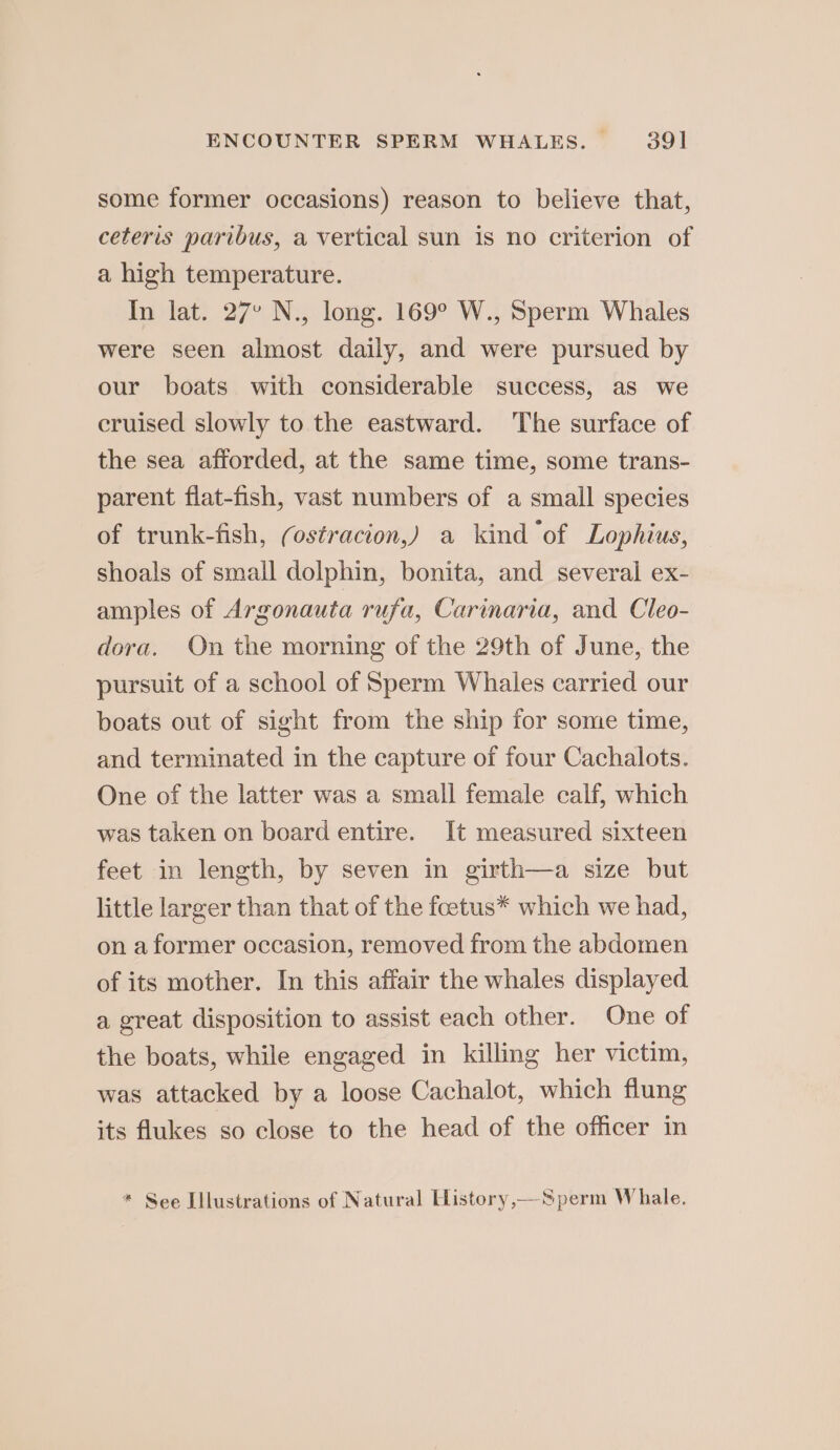 some former occasions) reason to believe that, ceteris paribus, a vertical sun is no criterion of a high temperature. In lat. 27° N., long. 169° W., Sperm Whales were seen almost daily, and were pursued by our boats with considerable success, as we cruised slowly to the eastward. The surface of the sea afforded, at the same time, some trans- parent flat-fish, vast numbers of a small species of trunk-fish, (ostracion,) a kind of Lophius, shoals of small dolphin, bonita, and several ex- amples of Argonauta rufa, Carinaria, and Cleo- dora. On the morning of the 29th of June, the pursuit of a school of Sperm Whales carried our boats out of sight from the ship for some time, and terminated in the capture of four Cachalots. One of the latter was a small female calf, which was taken on board entire. It measured sixteen feet in length, by seven in girth—a size but little larger than that of the feetus* which we had, on a former occasion, removed from the abdomen of its mother. In this affair the whales displayed a great disposition to assist each other. One of the boats, while engaged in killing her victim, was attacked by a loose Cachalot, which flung its flukes so close to the head of the officer in * See Illustrations of Natural History,—Sperm Whale.