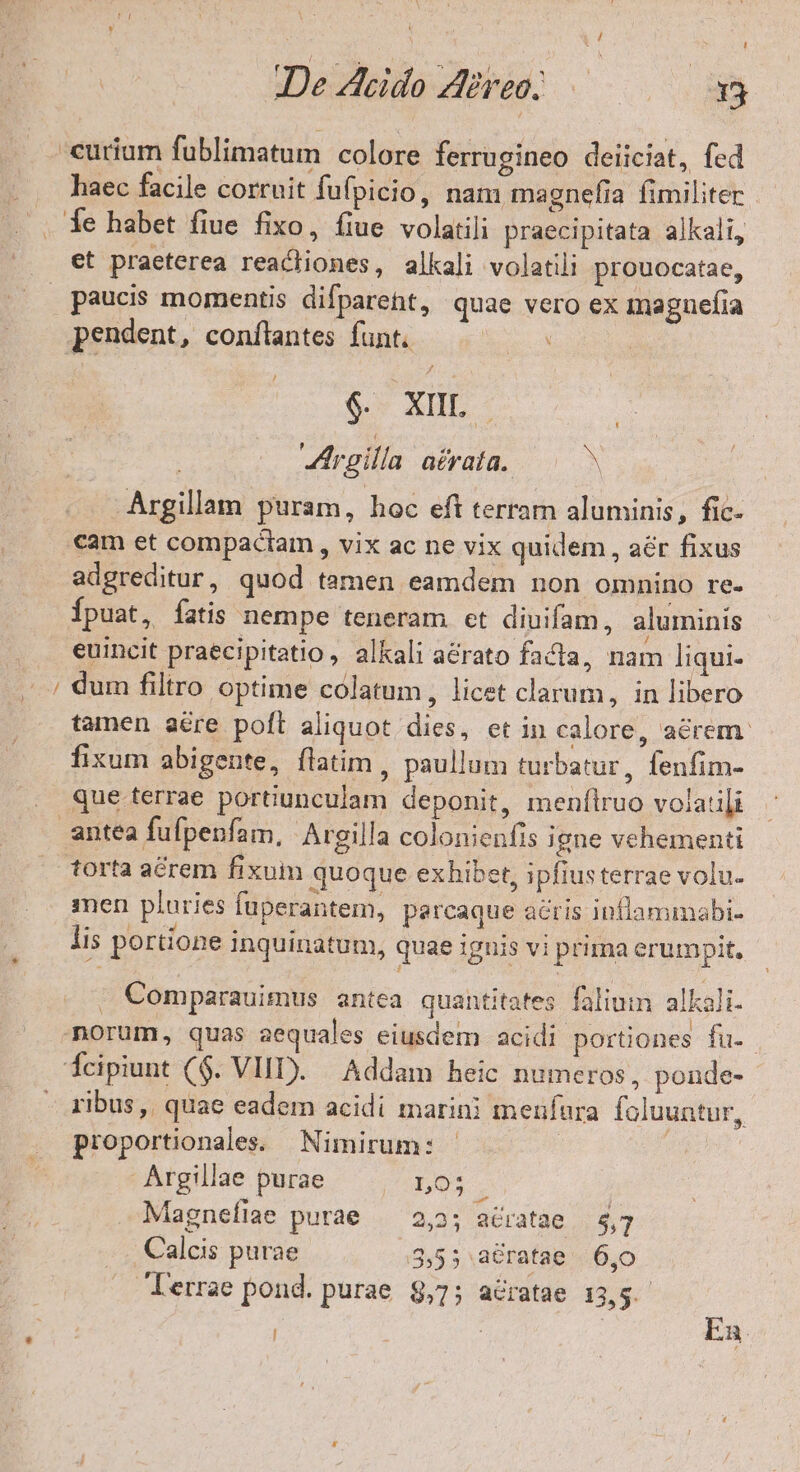 -curium fublimatum colore ferrugineo deiiciat, fed .. haec facile corruit fufpicio, nam magnefia fimiliter |. fe habet fiue fixo, fiue volatili praecipitata alkali, et praeterea reacliones, alkali volatili prouocatae, | paucis momentis difparent, quae vero ex maguefia pendent, conflantes funt. : $ XIL Argilla aéraía.. N Argillam puram, hoc eft terram aluminis, fic- cam et compactam , vix ac ne vix quidem, aér fixus adgreditur, quod tamen eamdem non omnino re. Ípuat, fatis nempe teneram et diuifam, aluminis euincit praecipitatio, alkali aérato facta, nam liqui- / dum filtro optime coólatum , licet clarum, in libero tamen aére poft aliquot dies, et in calore, acrem: fixum abigente, flatim , paullum turbatur, fenfim- que terrae portiunculam deponit, menfiruo volatili antea fufpenfam, Argilla colonienfis igne vehementi torta acrem fixum quoque exhibet, ipfius terrae volu. men pluries füperantem, percaque aeris inflammabi- iis portione inquinatum, quae ignis vi prima erumpit, . Comparauimus antea quantitates falimin alkali norum, quas aequales eiusdem acidi portiones fu-. Ícipiunt ($. VIII). — Addam heic numeros, ponde- - ribus, quae eadem acidi marini menfura foluuntur, proportionale. Nimirum: - Argillae purae Loi Magnefíiae purae — 2,2; acratae 5,7 Calcis purae 3,55 a&amp;ratae. 6,0 lerrae pond. purae. 8,7; a&amp;ratae 13,5. | En