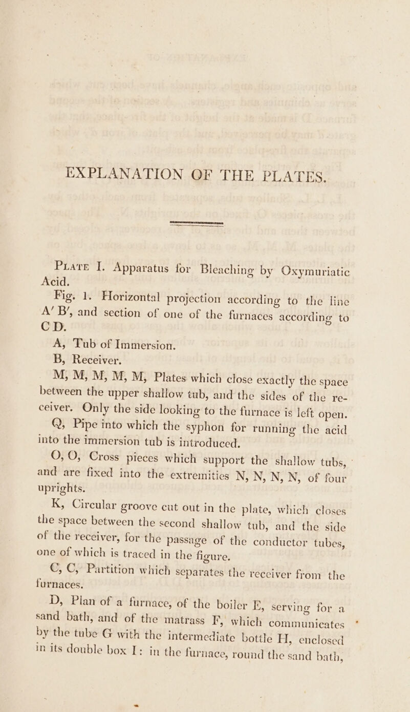 EXPLANATION OF THE PLATES. Prare I. Apparatus for Bleaching by Oxymuriatic Acid. Fig. 1. Horizontal projection according to the line A’ B’, and section of one of the furnaces according to CD. A, Tub of Immersion. B, Receiver. M, M, M, M, M, Plates which close exactly the space between the upper shallow tub, and the sides of the re- ceiver. Only the side looking to the furnace is lef open. Q, Pipe into which the syphon for running the acid into the immersion tub is introduced. O, O, Cross pieces which support the shallow tubs, © and are fixed into the extremities N, N, N, N, of four uprights. K, Circular groove cut out in the plate, which closes the space between the second shallow tub, and the side of the receiver, for the passage of the conductor tubes, one of which is traced in the figure. C, C, Partition which separates the receiver from the furnaces. D, Plan of a furnace, of the boiler div serving for a sand bath, and of the matrass I’, which communicates by the tube G with the intermediate bottle H, enclosed in its double box I: in the furnace, round the sand bath,