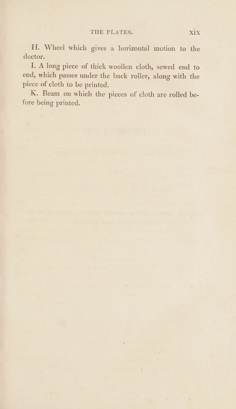 HH. Wheel which gives a horizontal motion to the doctor. I. A long piece of thick woollen cloth, sewed end to end, which passes under the back roller, along with the piece of cloth to be printed. K. Beam on which the pieces of cloth are rolled be- fore being printed.