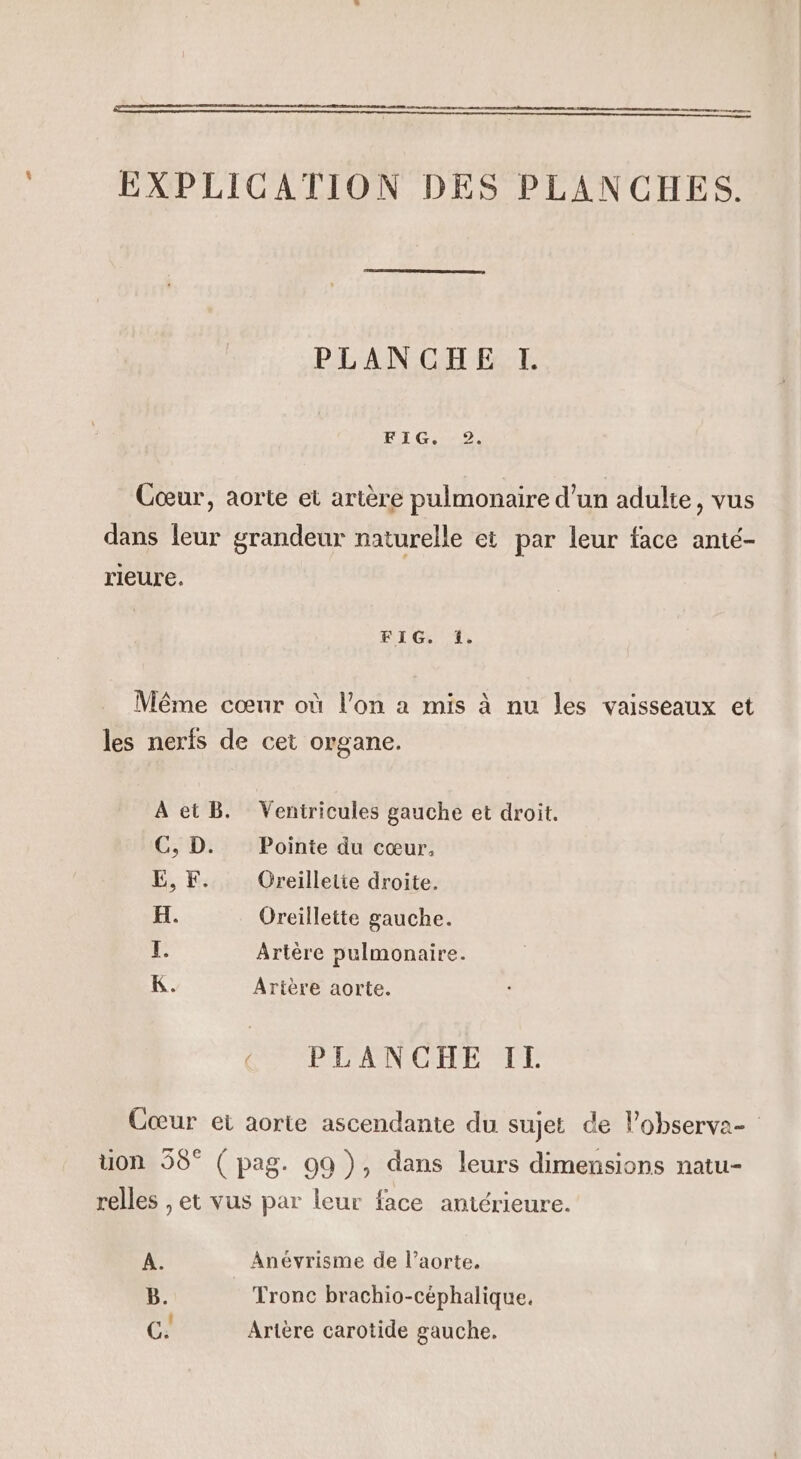 EE EXPLICATION DES PLANCHES. PLANCHE L FIG. 2. Cœur, aorte et artère pulmonaire d’un adulte, vus dans leur grandeur naturelle et par leur face anté- rieure. FI G. î. Même cœur où l’on a mis à nu les vaisseaux et les nerfs de cet organe. et B. Ventricules gauche et droit. D. Pointe du cœur, F. Oreilletie droite. _ Oreillette gauche. Artère pulmonaire. Artère aorte. 2 \s PLIS TENE Ur PLANCHE IL Cœur ei aorte ascendante du sujet de lobserva- uon 58° ( pag. 09), dans leurs dimensions natu- relles , et vus par leur face antérieure. A. Anévrisme de l’aorte. B. Tronc brachio-céphalique. G: Artère carotide gauche.