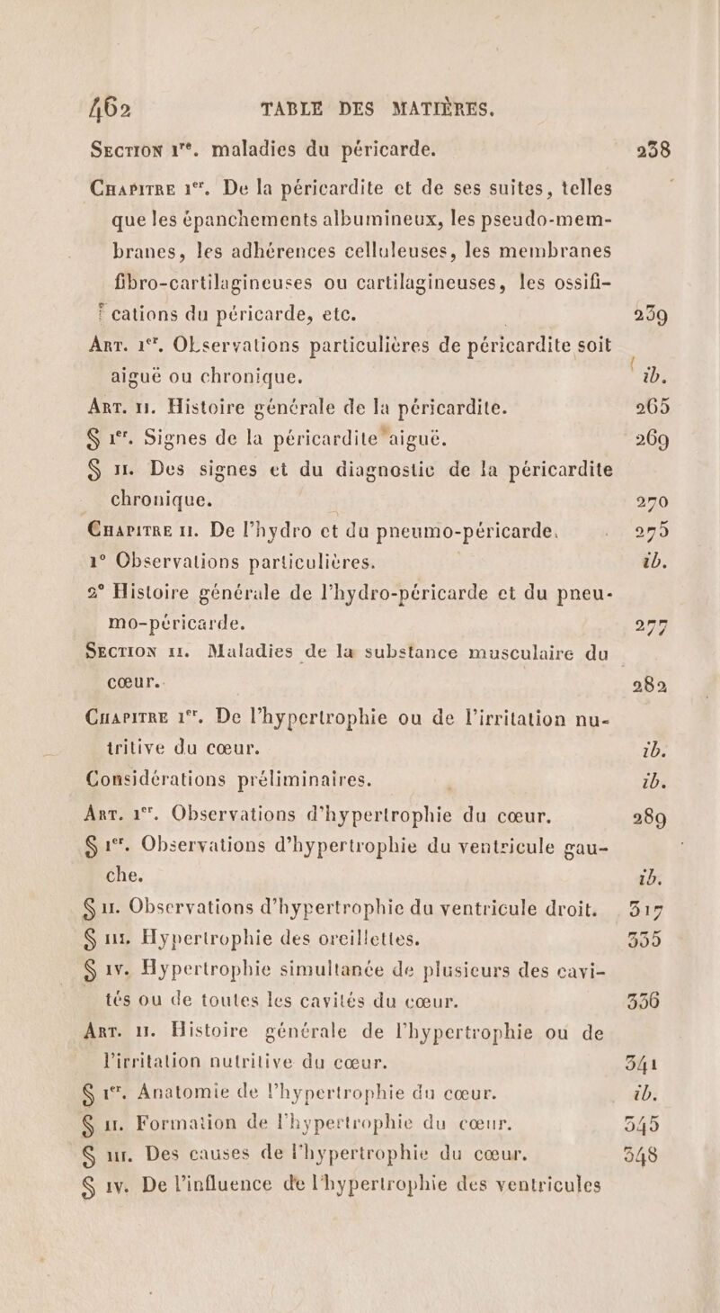 SEcrion 1. maladies du péricarde. Crarirre 1%, De la péricardite et de ses suites, telles que les épanchements albumineux, les pseudo-mem- branes, les adhérences celluleuses, les membranes fibro-cartilagineuses ou cartilagineuses, les ossifi- ‘ cations du péricarde, etc. Arr. 1°, Oservalions particulières de péricardite soit aiguë ou chronique. Arr. 11. Histoire générale de la péricardite. S 1°. Signes de la péricardite aiguë. S 11. Des signes et du diagnostic de la péricardite chronique. Cnaritre 11. De l’hydro ct du pneumo-ptricarde. 1° Observations particulières. 2° Histoire générale de l’hydro-péricarde et du pneu- mo-péricarde. SECTION 11. Maladies de lx substance musculaire du cœur. R Cuarirre 1°, De l’hypertrophie ou de l’irritation nu- trilive du cœur. Considérations préliminaires. AT. 1°. Observations d’hypertrophie du cœur. S 1. Observations d’hypertrophie du ventricule gau- che, Su. Observations d’hypertrophie du ventricule droit. $S 1. Hypertrophie des oreillettes. S 1v. Hypertrophie simultanée de plusieurs des cavi- tés ou de toutes les cavités du cœur. Arr. 11. Histoire générale de l’hypertrophie ou de lirritalion nutrilive du cœur. S 1°. Anatomie de l’hypertrophie du cœur. S ur. Formation de l'hypertrophie du cœur. $ ur. Des causes de l'hypertrophie du cœur. S 1v. De l'influence de l'hypertrophie des ventricules 238 270 275 cb. 277