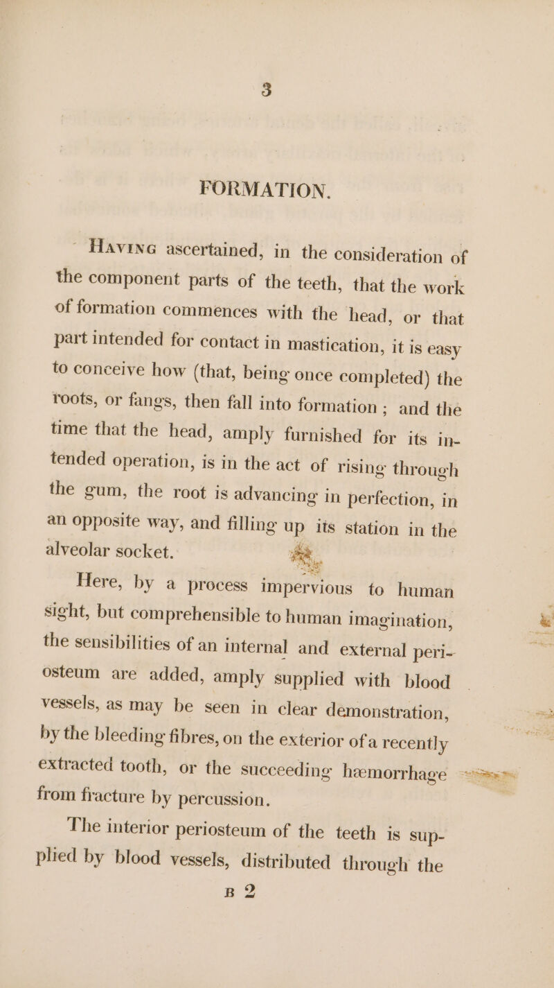 FORMATION. ~ Havine ascertained, in the consideration of the component parts of the teeth, that the work of formation commences with the head, or that part intended for contact in mastication, it is easy to conceive how (that, being once completed) the roots, or fangs, then fall into formation; and the time that the head, amply furnished for its in- tended operation, is in the act of rising through the gum, the root is advancing in perfection, in an opposite way, and filling up its station in es alveolar socket. me, Here, by a process impervious to human sight, but comprehensible to human imagination, the sensibilities of an internal and external peri- osteum are added, amply supplied with blood vessels, as may be seen in clear demonstration, by the bleeding fibres, on the exterior ofa recently from fracture by percussion. The interior periosteum of the teeth is sup- plied by blood vessels, distributed through the B 2 pred