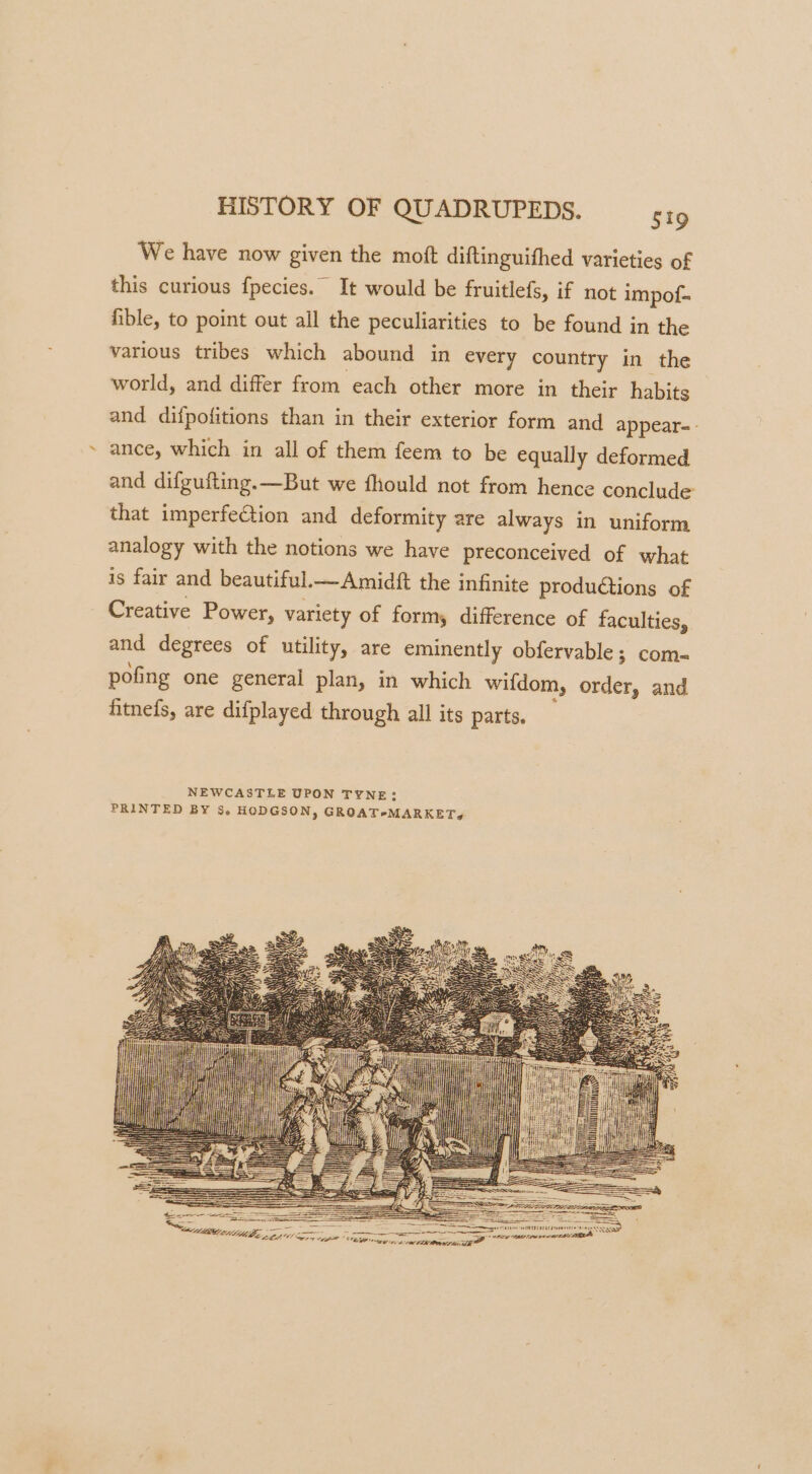 We have now given the moft diftinguithed varieties of this curious fpecies. It would be fruitlefs, if not impof- fible, to point out all the peculiarities to be found in the various tribes which abound in every country in the world, and differ from each other more in their habits and difpofitions than in their exterior form and appear- - ance, which in all of them feem to be equally deformed and difgufting.—But we fhould not from hence conclude that imperfection and deformity are always in uniform analogy with the notions we have preconceived of what is fair and beautiful.—Amidft the infinite productions of Creative Power, variety of form, difference of faculties, and degrees of utility, are eminently obfervable; com- pofing one general plan, in which wifdom, order, and fitnefs, are difplayed through all its parts. NEWCASTLE UPON TYNE: PRINTED BY Ss. HODGSON, GROAT*&gt;MARKETs