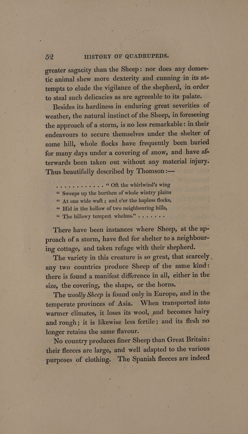 greater sagacity than the Sheep: nor does any domes- tic animal shew more dexterity and cunning in its at- tempts to elude the vigilance of the shepherd, in order to steal such delicacies as are agreeable to its palate. Besides its hardiness in enduring great severities of | weather, the natural instinct of the Sheep, in foreseeing the approach of a storm, is no less remarkable: in their endeavours to secure themselves under the shelter of some hill, whole flocks have frequently been buried for many days under a covering of snow, and have af- terwards been taken out without any material injury. Thus beautifully described by ‘Thomson :— se eecceece ee “ Oft the whirlwind’s wing ‘¢ Sweeps up the burthen of whole wintry plains “ At one wide waft ; and o’er the hapless flocks, “« Hid in the hollow of two neighbouring hills, “ The billowy tempest whelms.”......- There have been instances where Sheep, at the ap- proach of a storm, have fled for shelter to a neighbour- ing cottage, and taken refuge with their shepherd. The variety in this creature is so great, that scarcely , any two countries produce Sheep of the same kind: there is found a manifest difference in all, either in the size, the covering, the shape, or the horns. The woolly Sheep is found only in Europe, and in the temperate provinces of Asia. When transported into warmer climates, it loses its wool, and becomes hairy and rough; it is likewise less fertile; and its flesh no longer retains the same flavour. No country produces finer Sheep than Great Britain: their fleeces are large, and well adapted to the various ‘purposes of clothing.» The Spanish fleeces are indeed