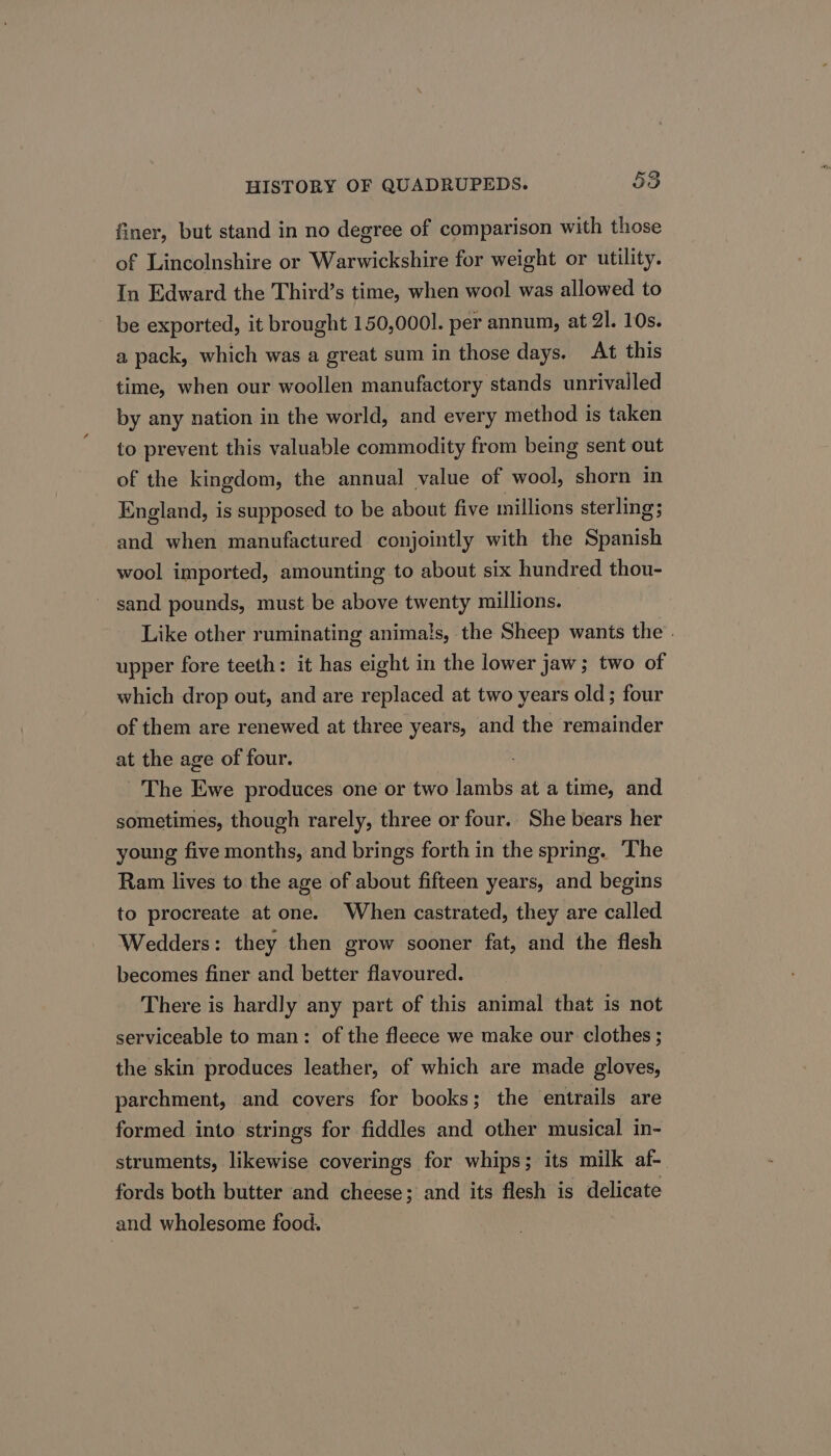 finer, but stand in no degree of comparison with those of Lincolnshire or Warwickshire for weight or utility. In Edward the Third’s time, when wool was allowed to be exported, it brought 150,000]. per annum, at 91. 10s. a pack, which was a great sum in those days. At this time, when our woollen manufactory stands unrivalled by any nation in the world, and every method is taken to prevent this valuable commodity from being sent out of the kingdom, the annual value of wool, shorn in England, is supposed to be about five millions sterling; and when manufactured conjointly with the Spanish wool imported, amounting to about six hundred thou- sand pounds, must be above twenty millions. Like other ruminating animals, the Sheep wants the . upper fore teeth: it has eight in the lower jaw; two of which drop out, and are replaced at two years old; four of them are renewed at three years, and the remainder at the age of four. The Ewe produces one or two lambs at a time, and sometimes, though rarely, three or four. She bears her young five months, and brings forth in the spring. The Ram lives to the age of about fifteen years, and begins to procreate at one. When castrated, they are called Wedders: they then grow sooner fat, and the flesh becomes finer and better flavoured. There is hardly any part of this animal that is not serviceable to man: of the fleece we make our clothes ; the skin produces leather, of which are made gloves, parchment, and covers for books; the entrails are formed into strings for fiddles and other musical in- struments, likewise coverings for whips; its milk af- fords both butter and cheese; and its flesh is delicate and wholesome food.