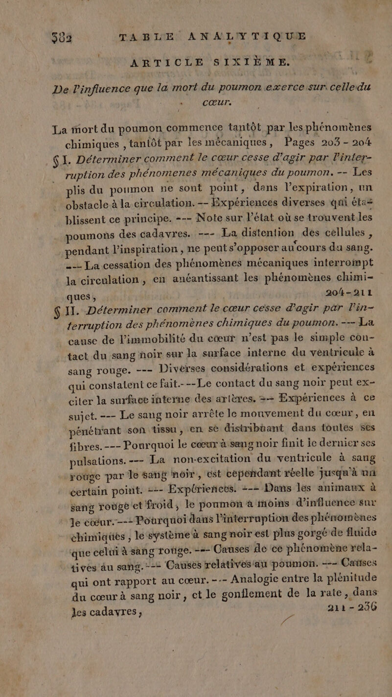 ARTICLE SIXIÈME. ù +. NL De l'influence que la mort du poumon exerce sur. celle du ' , CŒUFr, Î La Mort du poumon commence tantôt par les phénomènes chimiques , taniôt par Îles mécaniques, Pages 203 - 204 $I. Déterminer comment le cœur cesse d'agir par l'inter- ruption des phénomenes mécaniques du poumon. -- Les plis du poumon ne sont point, dans l’expiration, un obstacle à la circulation. -- Expériences diverses qui éta= blissent ce principe. --- Note sur l’état où se trouvent.les poumons des cadavres. --- La distention des cellules , pendant l'inspiration , ne peut s’opposer au cours du sang. --- La cessation des phénomènes mécaniques interrompt la circulation, en antantissant les phénomènes chimi- ques , 204-211 $ II. Déterminer comment le cœur cesse d'agir par l’in- terruption des phénomènes chimiques du poumon. --- La cause de l’immobilité du cœur nest pas le simple con- tact du sang noir sur la surface interne du ventricule à sang rouge. --- Diverses considérations et expériences qui conslatent ce fait. --Le contact du sang noir peut ex- citer la surface interne des artères. =— Expériences à ce sujet. --- Le sang noir arrête le monvement du cœur, en pénétrant son tissu, en sè distibüant dans foules ès fibres. --- Pourquoi le cœur à sang noir finit Îe dernier ses pulsations. . La non-excitation du ventricule à sang rouge par le sang moir , ést cependant réelle jusqu'à an éertain point. =-- Expériences. =-= Dans les animaux à Sang rouge et froid, le poumon à thoims d'influence sur le cœur. Pourquoi dans Pinterruption des phénomènes chimiques , le système à sang noir est plus gorgé de fluide que celui à sang rotige. -s- Causes de cé phénomène rela- tives au sang. --2 Causes relativesiau poumon. --- Cases qui ont rapport au Cœur. --- Analogic entre la plénitude du cœur à sang noir, et le gonflement de la rate, dans les cadavres, D 211 - 236