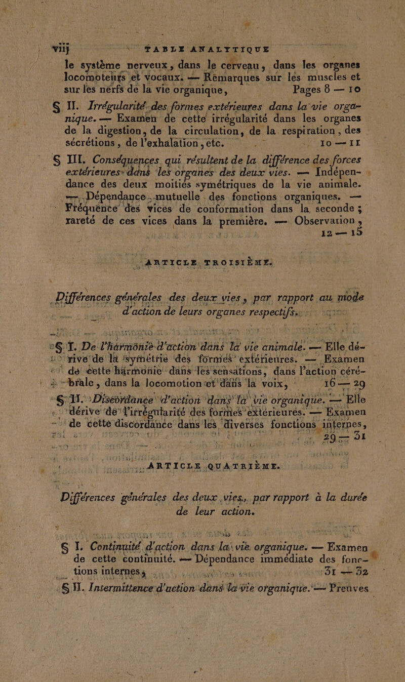 | vi} “ TABLE ANALTYTIQUE le système nerveux, dans le cerveau , dans les organes Jocomoteuts et VOCAUx, — Remarques sur les muscles et sur les nerfs de la vie organique, Pages 8 — 10 S IT. Jrrégularité.des forntes extérieures dans la vie orga- nique. — Examen de cette irrégularité dans les organes de la digestion, de la circulation, de la. respiration , des sécrétions , de l’exhalation etc. . I0— II S JL. Conséquences. qui résultent de la différence des forces extérieures“ dans ‘les organes des deux vies. — Indépen- . dance des deux moitiés symétriques de la vie animale. —, Dépendance ..mutuelle des fonctions organiques. — Fréquence des vices de conformation dans la seconde ; rareté de ces vices dans la première, — Observation 2 ; 12 1] ‘ARTICLE. TROISIÈME. HI pr . + Différences générales des deux vies, par rapport au mode | d'action de leurs organes respechfs:e: 519 + 7 is ss DA AS ea ” fe e6-T. De l'harmonie d'action dans l&amp; vie animale. — Elle dé- 1) rive de la ‘symétrie des formés’ extérieures. — Examen dé cetté Härmoñie dans Tes sensations, dans l’action céré- + -brale, dans la locomotiontet dans la voix, 16— 29. SAT. &gt;Disévrdance d'action dans’ la vie organique. — Elle - dérive ‘de l'irrégntarité des formes extérieures. — Examen -! de cette discordance dans les diverses fonctions internes, LR r, + ‘Ts “ir 1 Ey À TEST LE { : à 20 31 © &lt; ‘ { à — ; : d rit : “% + 4 F ad Fr £ Le SANTE _ ARTICLE QUATRIÈME. Fe Fri 4 Différences générales des deux ,vies,. par rapport à la durée | | de leur action. | ” S I Continuité d'action dans la\vie organique. — Examen de cette continuité. = Dépendance immédiate des fone= tions interness FATE ‘31 = 32 SIT. Tniermittence d'action dans le Vie organique. — Preuves