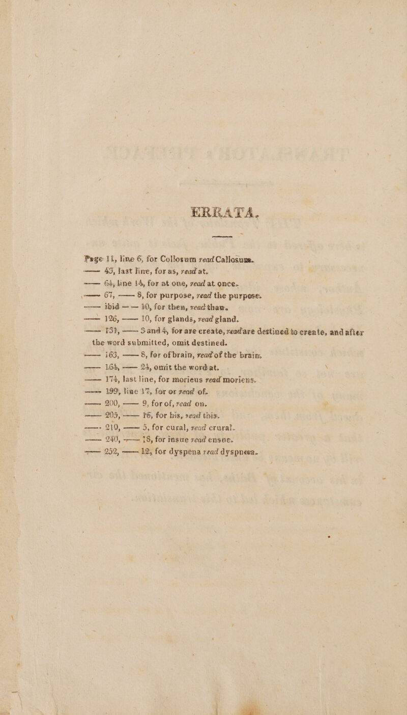 ERRATA. Page 11, line 6, for Collosum read Callosum. — 45, last lime, for as, read at. —— 64, line 14, for at one, read at once. \~——~ 67, —— 8, for purpose, read the purpose. —— ibid — — 10, for then, read thaw. —— 126, —— 10, for glands, read gland. —— 3}, —— 3and.4, for are create, read'are destined to create, and after the word submitted, omit destined. —— 163, —— 8, for of brain, read'of the brain, —— 164, —— 24, emit the word at. \ —— 174, last line, for morieus read moriens, —— 199, line 1%, for or zead of. ——~ 900, —— 9, for of, read on. —— 205, —— 210, —— 5, for cural, read crural. 6, for his, read this. —— 940, Slee 18, for inswe read ensne. a—— 252, 12, for dyspena read dyspnesa.