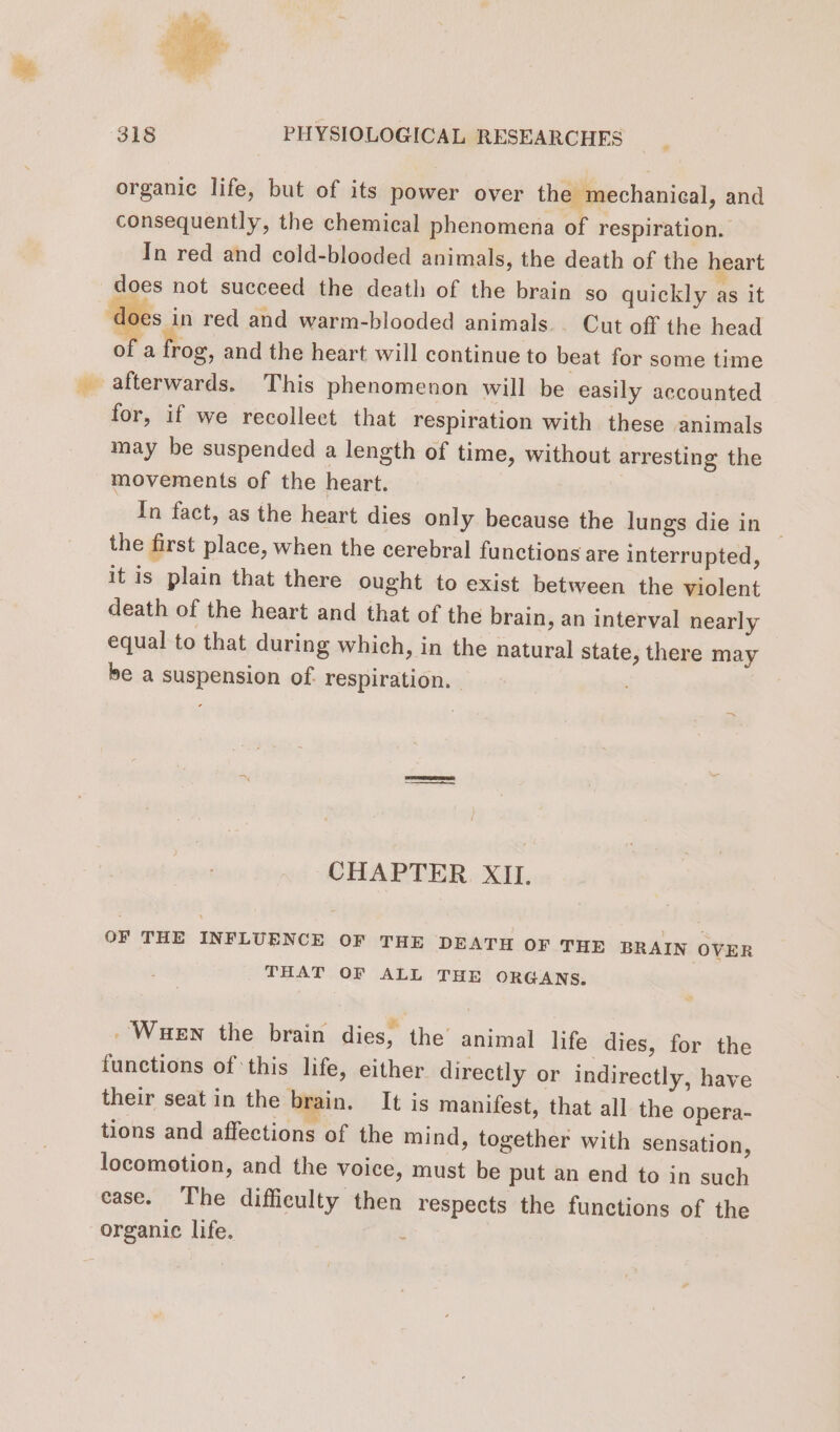 organic life, but of its power over the mechanical, and consequently, the chemical phenomena of respiration. In red and cold-blooded animals, the death of the heart does not succeed the death of the brain so quickly as it does in red and warm-blooded animals. Cut off the head of a rog, and the heart will continue to beat for some time _ afterwards. This phenomenon will be easily accounted for, if we recollect that respiration with these animals may be suspended a length of time, without arresting the movements of the heart. In fact, as the heart dies only because the lungs die in the first place, when the cerebral functions are interrupted, it is plain that there ought to exist between the violent death of the heart and that of the brain, an interval nearly equal to that during which, in the natural state, there may be a suspension of. respiration. CHAPTER XII. OF THE INFLUENCE OF THE DEATH OF THE BRAIN OVER THAT OF ALL THE ORGANS. -Wuew the brain dies, the animal life dies, for the functions ofthis life, either directly or indirectly, have their seat in the brain. It is manifest, that all the opera- tions and affections of the mind, together with sensation, locomotion, and the voice, must be put an end to in such case. The difficulty then respects the functions of the organic life. .