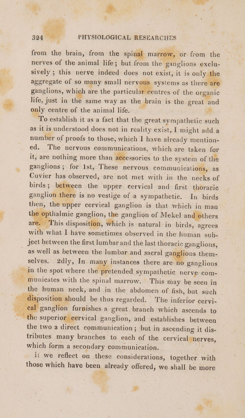 17 : “ign! 3 # ? : : À | à : &amp; L 324 PHYSIOLOGICAL RESEARCHES from the brain, from the spinal marrow nerves of the animal life; but from the ganglions exclu- + sively ; this nerve indeed does not exist, it is only the aggregate of so many small nervous systems as theretale ganglions, which are the particular centres of the organic life, just in the same way as the brain is the. great and only centre of the animal life. * To establish it as a fact that the great er vathetic such as it is understood does not in reality exist, I might add a number of proofs to those, which I have already mention- ed. The nervous communications. which are taken for it, are nothing more than Messories to the system of the ganglions ; for 1st, These nervous communications, as Cuvier has observed, are not met with in the necks of birds; between the upper cervical and first thoracic ganglion there is no vestige of a sy mpathetic. in birds then, the upper cervieal ganglion is that which in man the opthalmic ganglion, the ganglion of Mekel. and others ar . This disposition, which is natural in birds, agrees with what I have sometimes observed in the human sub- ject between the first lumbar and the last thoracic ganglions, as well as between the lumbar and sacral gan Beene them- selves. 2dly, In. many instances there are. no ganglions _ in the spot where the pretended. sympathetic nerve com- is W, or. from the hs municates with the spinal marrow. This may be seen in the human neck, and in the abdomen. of fish, but such disposition Should be thus regarded. The aes cervi- al ganglion furnishes a great. branch which ascends to the superior cervical ganglion, and establishes between the two a direct communication ; but in ascending it dis- tributes many branches to each of the cervicalgnerves, which form a secondary: communication. it we reflect on these considerations, together oath those which have been | already seed we shall be more