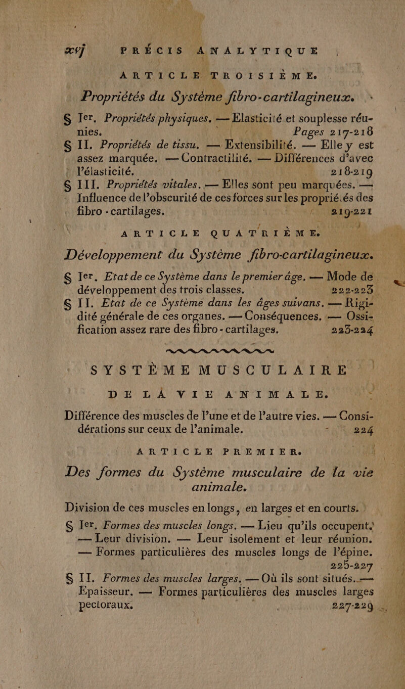 ABTICLE TROISIÈME. . y ? % < ° « Propriétés du Système fibro-cartilagineux. $ Ier. Propriétés physiques, RiHasicié et souplesse réu- nies. Pages 217-218 S IL. Propriétés de tissu. — Extensibilité, — Elle y est assez marquée. — Contractilité. — Différences d’avec élasticité. Al 216-219 6 III. Propriétés vitales. — Elles sont peu marquées. — Influence de l’obscurité de ces forces sur les proprié.és des fibro -: cartilages. Lo IRInEZ21 æ ARTICLE QUATRIÈME. Développement du Système Ji brocartilagineux. fication assez rare des fibro- cartilages. 223-224 RARPPPMIPRSS SYSTÈME MUSCULAIRE DIE D'AU VE NAN TNT EP : Différence des muscles de l’une et de l’autre vies. — Consi- dérations sur ceux de l’animale. HR ARTICLE PREMIER. 4 Des Dore du Système musculaire de la vie animale. Division de ces muscles en longs, en larges et en courts. | S Ier. Formes des muscles Pt — Lieu qu’ils occupent. — Leur division. — Leur isolément et leur réunion. — Formes particulières des muscles longs de l’épine. S IT. Formes des muscles larges. — Où ils sont situés. — Epaisseur. — Formes particulières des muscles larges