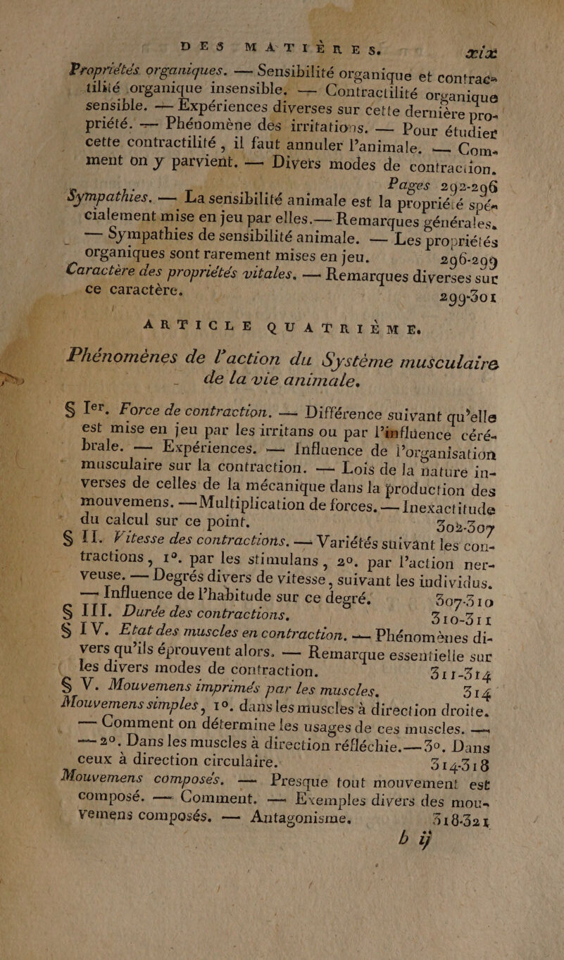Propriétés organiques. — Sensibilité organique et contragz tilxié organique insensible, — Contractilité organique sensible, — Expériences diverses sur Cette dernière pros priété. — Phénomène des irritations, — Pour étudier cette contractilité , il faut annuler Panimale, = Coma ment On ÿ parvient. — Divers modes de contraciton. HU Pages 292-296 Sympathies. — La sensibilité animale est la propriéié spém cialement mise en jeu par elles.— Remarques générales, — Sympathies de sensibilité animale. — Les propriétés __ organiques sont rarement mises en jeu. 296-299 Caractère des propriétés vitales. — Remarques diverses sur ce caractère. | 299-301 4e ARTICLE QUATRIÈME. …. Phénomènes de l’action du Système musculaire MU __ de la vie animale. S Ier. Force de contraction. — Différence suivant qu’elle est mise en jeu par lesirritans où par l’inflüence céré- brale. — Expériences. — Influence de l’organisation musculaire sur la contraction. — Lois de la aturé in ! versées de celles de la mécanique dans la production des Mmouvemens, —Multiplication de forces. — Inexactitude * du calcul sur ce point. 9302-50 S II. Vitesse des contractions. — Variétés suivant les con- tractions , 1°. par les stimulans > 2°. par l’action ner- veuse. — Degrés divers de vitesse , Suivant les individus. — Influence de l'habitude sur ce degré. 307-310 S IIT. Durée des contractions. 310-311 S IV. Etat des muscles en contraction. = Phénomènes di- vers qu’ils éprouvent alors, — Remarque essentielle sur (les divers modes de contraction. 511-514 S V. Mouvemens imprimés par les muscles. 314 Mouvemens simples, 19. dans les muscles’ à direction droite. — Comment on détermine les usages de ces muscles, — —- 29, Dans les muscles à direction réfléchie. — 30, Dans ceux à direction circulaire. - 914318 Mouvemens composés, —. Presque tout mouvement est composé. — Comment, — Exemples divers des mou vemens composés. — Antagonisme. 518-321 b ÿ pra LT S PEIRES OU