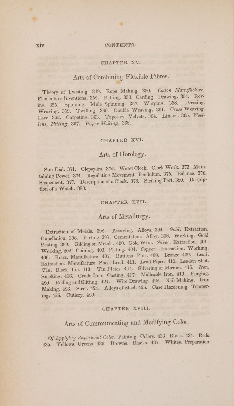 CHAPTER XV. Arts of Combining Flexible Fibres. ® ) Theory of Twisting. 349. Rope Making. 350. “Cotton Manufacture. . Elementary Inventions. 352. Batting. 353. Carding. Drawing. 354. Rov- ing. 355. Spinning. Mule Spinning. 357. Warping. 358. Dressing. Weaving. 359. “T'willing. 360. Double Weaving. 361. Cross Weaving. Lace. 362. Carpeting. 363. Tapestry. Velvets. 364. Linens. 365. Wool- lens. Felting. 367. Paper Making. 368. CHAPTER XVI. Arts of Horology. Sun Dial. 371. Clepsydra. 372. Water Clock. Clock Work. 373. Main- taining Power. 374. Regulating Movement. Pendulum. 375. Balance. 376. Scapement. 377. Description of a Clock. 378. Striking Part. 380. Descrip- tion of a Watch. 383. : CH APTER XVII. Arts of Metallurgy. - Extraction of Metals. 392. Assaying. Alloys. 394. Gold. Extraction. Cupellation. 396. Parting. 397. Cementation. Alloy. 398. Working. Gold Beating. 399. Gilding on Metals. 400. Gold Wire. Silver. Extraction. 401. Working. 402. Coining. 403. Plating. 404. Copper. Extraction. Working. 406. Brass. Manufacture. 407. Buttons. Pins. 408. Bronze. 409. Lead. Extraction. Manufacture. Sheet Lead. 411. Lead Pipes. 412. Leaden Shot. Tin. Block Tin. 413. ‘Tin Plates. 414. Silvering of Mirrors. 415. Iron. Smelting. 416. Crude Iron. Casting. 417. Malleable Iron. 419. Forging. 420. Rolling and Slitting. 421. Wire Drawing. 422. Nail Making. Gun Making. 423. Steel. 424. Alloys of Steel. 425. Case Hardening. ‘Temper- ing. 426. Cutlery. 429. , CHAPTER XVIII. Arts of Communicating and Modifying Color. Of Applying Superficial Color. Painting. Colors. 433. Blues. 434. Reds. 435. Yellows. Greens. 436. Browns. Blacks. 437. ‘Whites. Preparation.