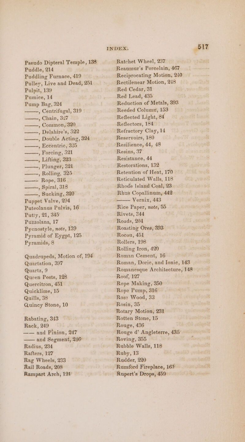 Puddle, 214 Puddling Furnace, 419 Pulley, Live and Dead, 251 Pulpit, 139 Pumice, 14 Pump Bag, 324 ——-, Centrifugal, 319 ——, Chain, 327 ——, Common, 320 ——, Delahire’s, 322 ——-, Double Acting, 324 , Eccentric, 325 , Forcing, 321 —-, Lifting, 323 ——, Plunger, 321 ——-, Rolling, 325 — Rope, 316 —~., Spiral, 318 , Sucking, 320° Puppet Valve, 294 Puteolanus Pulvis, 16 Putty, 21, 345 Puzzolana, 17 Pycnostyle, note, 139 Pyramid of Eygpt, 125 Pyramids, 8 Quadrupeds, Motion of, 194 Quartation, 397 Quartz, 9 Queen Posts, 128 Quercitron, 451 Quicklime, 15 _ Quills, 38 Quincy Stone, 10 Rabating, 343 Rack, 249 —— and Pinion, 247 and Segment, 246 Radius, 234 3 Rafters, 127 Rag Wheels, 233 Rail Roads, 208 Rampart Arch, 121 Reaumur’s Porcelain, 467 Reciprocating Motion, 240 Rectilenear Motion, 218 Red Cedar, 31 Red Lead, 435° Reduction of Metals, 393 Reéded Column, 153 Reflected Light, 84 Reflectors, 184 Refractory Clay, 14 Reservoirs, 180 Resilience, 44, 48 Resins, 37 Resistance, 44 Restorations, 132 Retention of Heat, 170 Reticulated Walls, 118 Rhus Copallinum, 442 — Vernix, 443 Rice Paper, note, 55 Rivets, 344 Roads, 204 Roasting Ores, 393 Rocou, 451 Rollers, 198 Rolling Iron, 420 Roman Cement, 16 Roman, Doric, and Ionic, 143 Romanesque Architecture, 148 Roof, 127 Rope Making, 350 Rope Pump, 316 Rose Wood, 33 Rosin, 35 | Rotary Motion, 231 Rotten Stone, 15 Rouge, 436 Rouge d’ Angleterre, 435° Roving, 355 Rubble Walls, 118 Ruby, 13 Rudder, 220 Rumford Fireplace, 16% Rupert’s Drops, 459