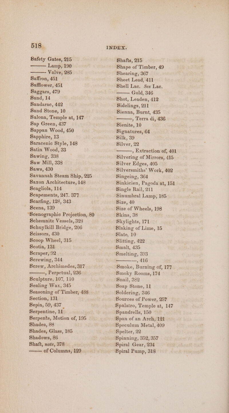 Safety Gates, 215 Lamp, 190 Valve, 285 Saffron, 451 Safflower, 451 _ Saggars, 479 Sand, 14 Sandarac, 442 Sand Stone, 10 Salona, Temple at, 147 Sap Green, 437 Sappan Wood, 450 Sapphire, 13 Saracenic Style, 148 Satin Wood, 33 Sawing, 338 Saw Mill, 338 Saws, 430 Savannah Steam Ship, 225 Saxon Architecture, 148 Scagliola, 114 Scapements, 247. 377 Scarfing, 128, 343 Scena, 139 “Scenographic Projection, 80 Schemnitz Vessels, 328 Schuylkill Bridge, 206 Scissors, 430 Scoop Wheel, 315 Scotia, 131 Scraper, 92 Screwing, 344 Screw, Archimedes, 317 , Perpetual, 236 Sculpture. 107, 110 Sealing Wax, 345 Seasoning of Timber, 488 Section, 131 Sepia, 59, 437 _ Serpentine, 11 Serpents, Motion of, 195 Shades, 88 Shades, Glass, 185 Shadows, 86 Shaft, note, 378 -———— of Columns, 129 Shafts, 215 Shape of Timber, 49 Shearing, 367 Sheet Lead, 411 Shell Lac. See Lac. — Gold, 346 Shot, Leaden, 412 Sidelings, 211 Sienna, Burnt, 435 , Terra di, 436 Sienite, 10 Signatures, 64 Silk, 39 Silver, 22 , Extraction of, 401 Silvering of Mirrors, 415 Silver Edges, 405 Silversmiths’ Work, 402 Singeing, 364 Sinkicien, Pagoda at, 151 Single Rail, 211 Sinumbral Lamp, 185 Size, 40 Size of Wheels, 198 Skins, 38 Skylights, 171 Slaking of Lime, 15 Slate, 10 Slitting, 422 Smalt, 435 Smelting, 393 —, 416 Smoke, Burning of, 177 Smoky Rooms, 174 ° Snail, 382 Soap Stone, 11 Soldering, 346 Sources of Power, 257 Spalatro, Temple at, 147 Spandrells, 150 Span of an Arch, 121 Speculum Metal, 409 Spelter, 22 Spinning, 352, 357 Spiral Gear, 234 Spiral Pump, 318