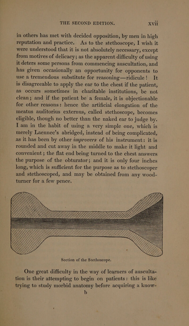 in others has met with decided opposition, by men in high reputation and practice. As to the stethoscope, I wish it were understood that it is not absolutely necessary, except from motives of delicacy; as the apparent difficulty of using it deters some persons from commencing auscultation, and has given occasionally an opportunity for opponents to use a tremendous substitute for reasoning—ridicule! It is disagreeable to apply the ear to the chest if the patient, as occurs sometimes in charitable institutions, be not clean; and if the patient be a female, it is objectionable for other reasons: hence the artificial elongation of the meatus auditorius externus, called stethoscope, becomes eligible, though no better than the naked ear to judge by. I am in the habit of using a very simple one, which is merely Laennec’s abridged, instead of being complicated, as it has been by other improvers of his instrument: it is rounded and cut away in the middle to make it light and convenient ; the flat end being turned to the chest answers the purpose of the obturator; and it is only four inches long, which is sufficient for the purpose as to stethoscoper and stethoscoped, and may be obtained from any wood- turner for a few pence. y One great difficulty in the way of learners of ausculta- tion is their attempting to begin on patients: this is like trying to study morbid anatomy before acquiring a know- b