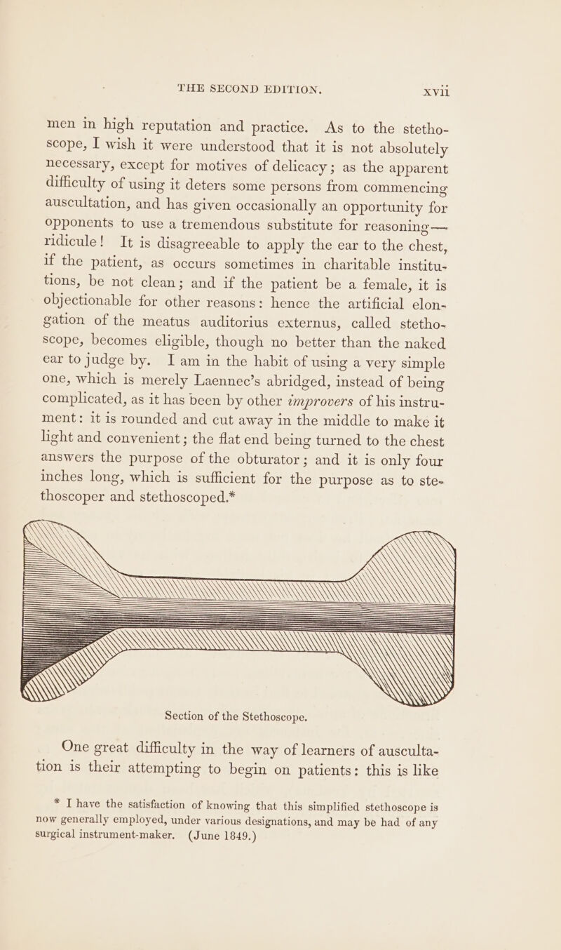 men in high reputation and practice. As to the stetho- scope, I wish it were understood that it is not absolutely necessary, except for motives of delicacy; as the apparent difficulty of using it deters some persons from commencing auscultation, and has given occasionally an opportunity for Opponents to use a tremendous substitute for reasoning — ridicule! It is disagreeable to apply the ear to the chest, if the patient, as occurs sometimes in charitable institu- tions, be not clean; and if the patient be a female, it is objectionable for other reasons: hence the artificial elon- gation of the meatus auditorius externus, called stetho- scope, becomes eligible, though no better than the naked ear to judge by. I am in the habit of using a very simple one, which is merely Laennec’s abridged, instead of being complicated, as it has been by other émprovers of his instru- ment: it is rounded and cut away in the middle to make it light and convenient ; the flat end being turned to the chest answers the purpose of the obturator; and it is only four inches long, which is sufficient for the purpose as to ste- thoscoper and stethoscoped.* ae _ =@s D_————i—i“ rw One great difficulty in the way of learners of ausculta- tion is their attempting to begin on patients: this is like * [have the satisfaction of knowing that this simplified stethoscope is now generally employed, under various designations, and may be had of any surgical instrument-maker, (June 1849.)