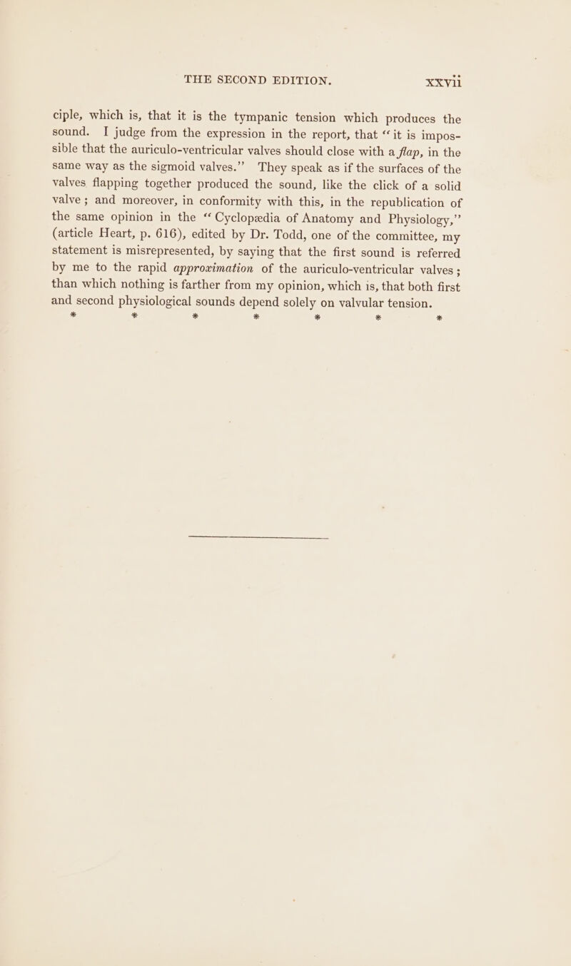 ciple, which is, that it is the tympanic tension which produces the sound. I judge from the expression in the report, that “ it is impos- sible that the auriculo-ventricular valves should close with a flap, in the same way as the sigmoid valves.” They speak as if the surfaces of the valves flapping together produced the sound, like the click of a solid valve ; and moreover, in conformity with this, in the republication of the same opinion in the ‘ Cyclopedia of Anatomy and Physiology,” (article Heart, p. 616), edited by Dr. Todd, one of the committee, my statement is misrepresented, by saying that the first sound is referred by me to the rapid approximation of the auriculo-ventricular valves ; than which nothing is farther from my opinion, which is, that both first and second physiological sounds depend solely on valvular tension. * * * * * * *