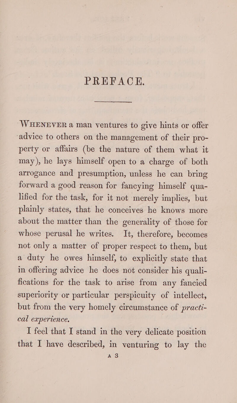 PREFACE. WHENEVER a man ventures to give hints or offer ‘advice to others on the management of their pro- perty or affairs (be the nature of them what it may), he lays himself open to a charge of both arrogance and presumption, unless he can bring forward a good reason for fancying himself qua- lified for the task, for it not merely implies, but plainly states, that he conceives he knows more about the matter than the generality of those for whose perusal he writes. It, therefore, becomes not only a matter of proper respect to them, but a duty he owes himself, to explicitly state that in offering advice he does not consider his quali- fications for the task to arise from any fancied superiority or particular perspicuity of intellect, but from the very mae circumstance of practi- cal experience. I feel that I stand in the very delicate position that I have described, in venturing to lay the A 3