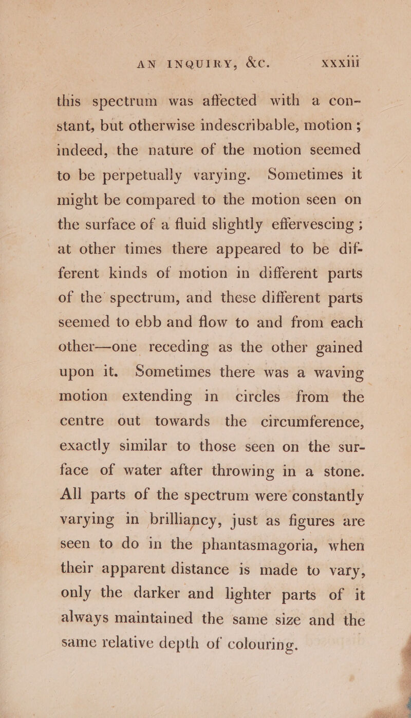 this spectrum was affected with a con- stant, but otherwise indescribable, motion ; indeed, the nature of the motion seemed to be perpetually varying. Sometimes it might be compared to the motion seen on the surface of a fluid slightly effervescing ; at other times there appeared to be dif- ferent kinds of motion in different parts of the spectrum, and these different parts other—one receding as the other gained upon it. Sometimes there was a waving motion extending in circles from the centre out towards the circumference, exactly similar to those seen on the sur- face of water after throwing in a stone. All parts of the spectrum were constantly varying in brilliancy, just as figures are seen to do in the phantasmagoria, when their apparent distance is made to vary, only the darker and lighter parts of it always maintained the same size and the same relative depth of colouring.