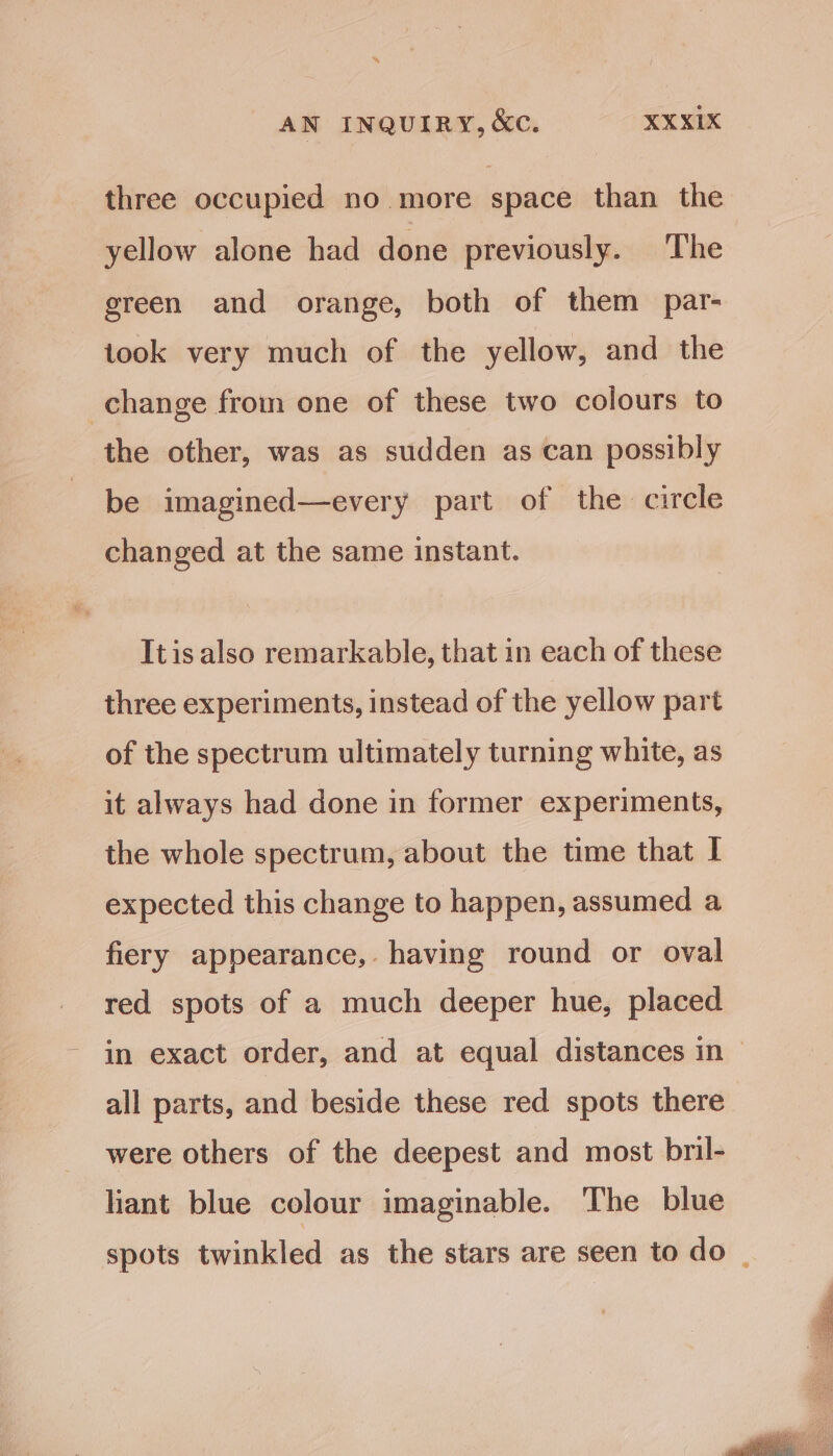 three occupied no more space than the yellow alone had done previously. The green and orange, both of them par- took very much of the yellow, and the change from one of these two colours to the other, was as sudden as can possibly be imagined—every part of the circle changed at the same instant. It is also remarkable, that in each of these three experiments, instead of the yellow part of the spectrum ultimately turning white, as it always had done in former experiments, the whole spectrum, about the time that I expected this change to happen, assumed a fiery appearance, having round or oval red spots of a much deeper hue, placed in exact order, and at equal distances in © all parts, and beside these red spots there were others of the deepest and most bril- liant blue colour imaginable. The blue spots twinkled as the stars are seen to do |